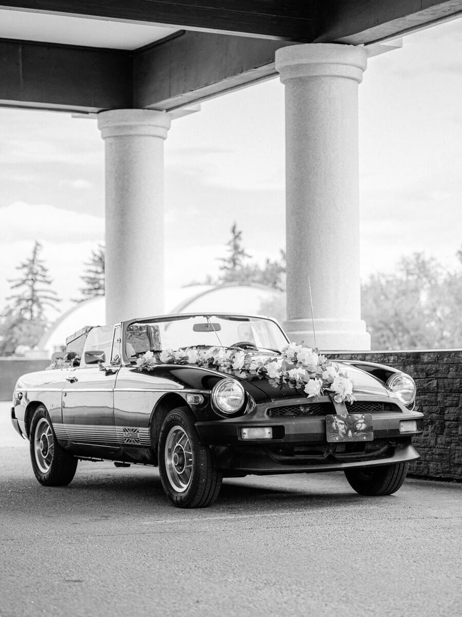 MG wedding car decorated with florals in Riga, Latvia