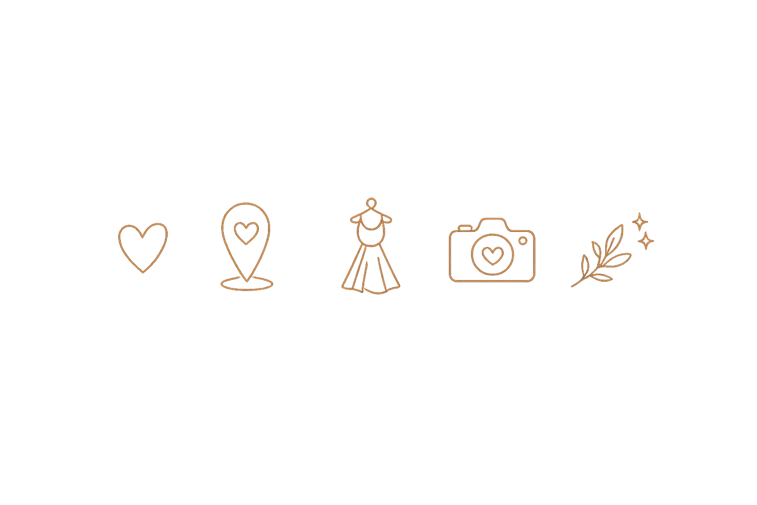 Five minimalist wedding icons in gold outline: heart, location pin, bridal gown, camera with heart, and floral branch.