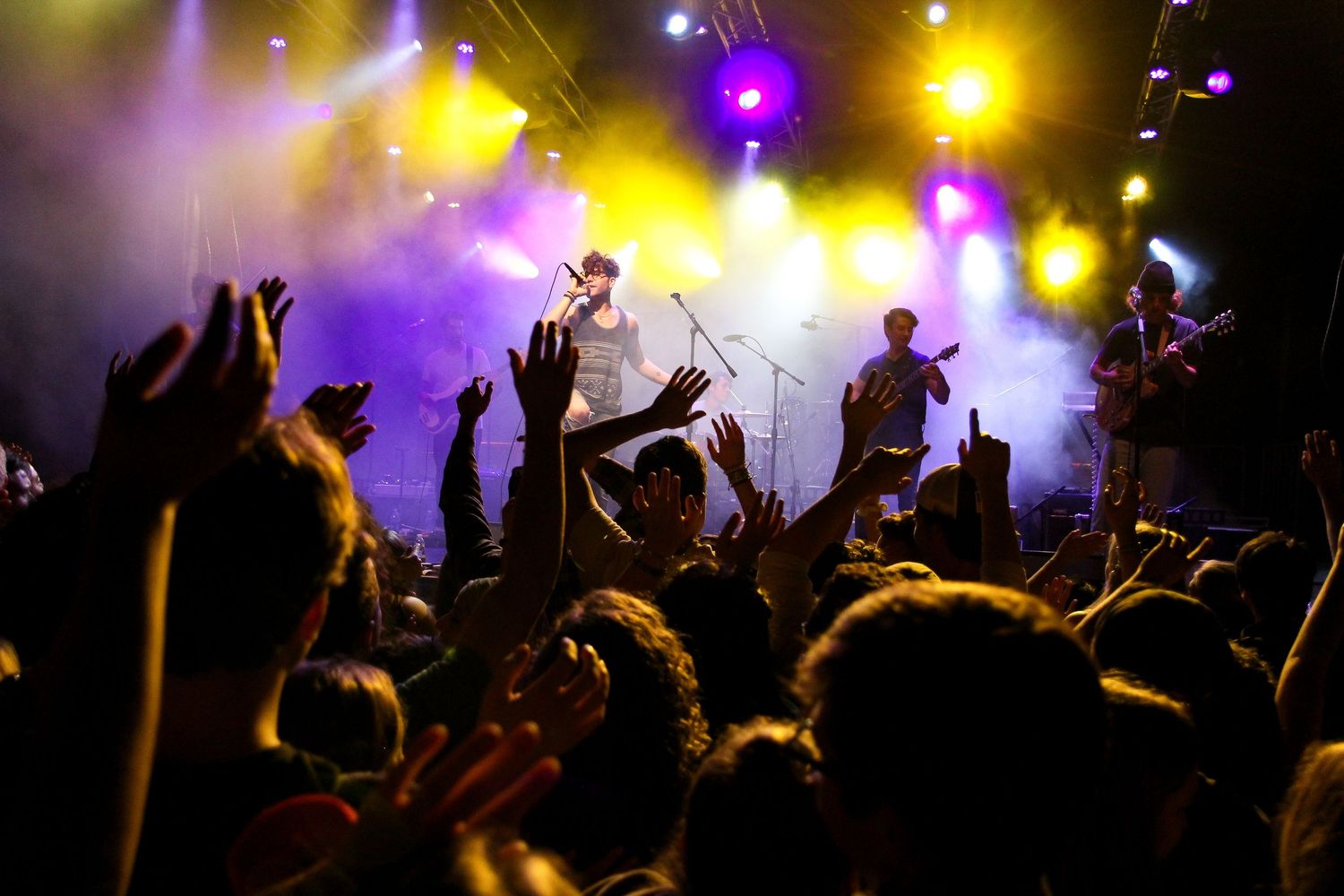 Concert crowd silhouettes raise their hands against colorful purple and yellow stage lighting during live performance.