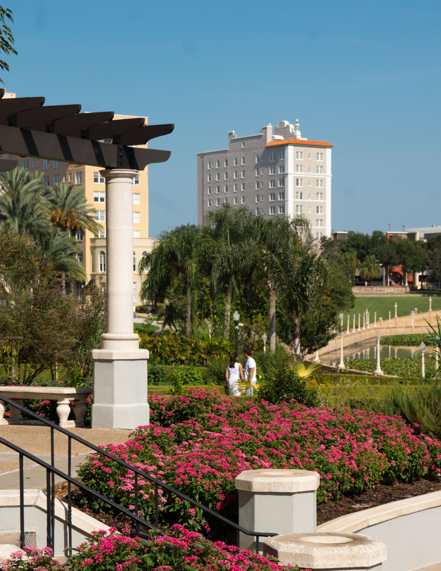 Lush garden with pink flowers, palm trees, pergola, and white high-rise buildings under a clear blue sky.