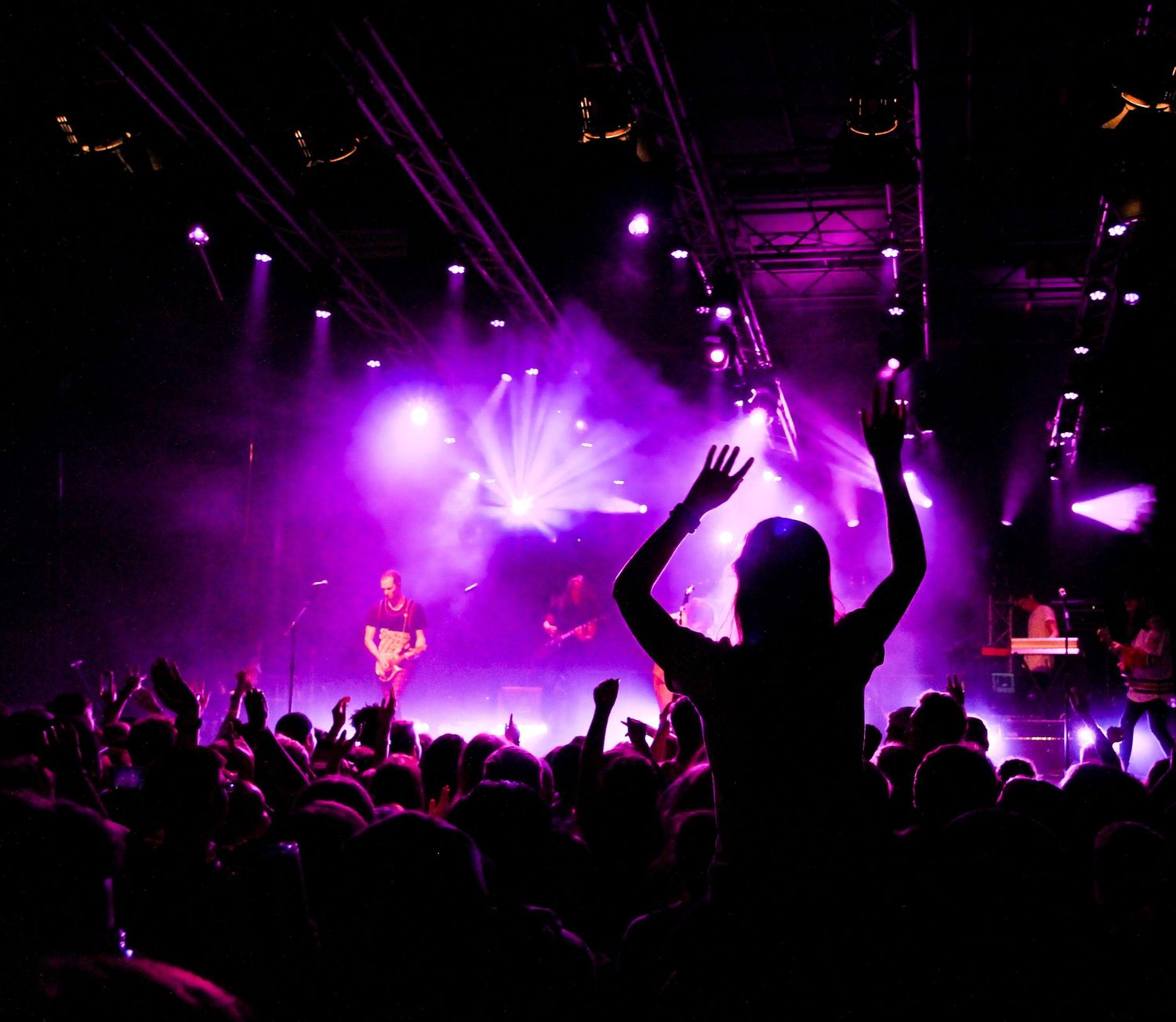 Concert crowd silhouettes with raised hands against purple stage lighting and fog effects during live performance.
