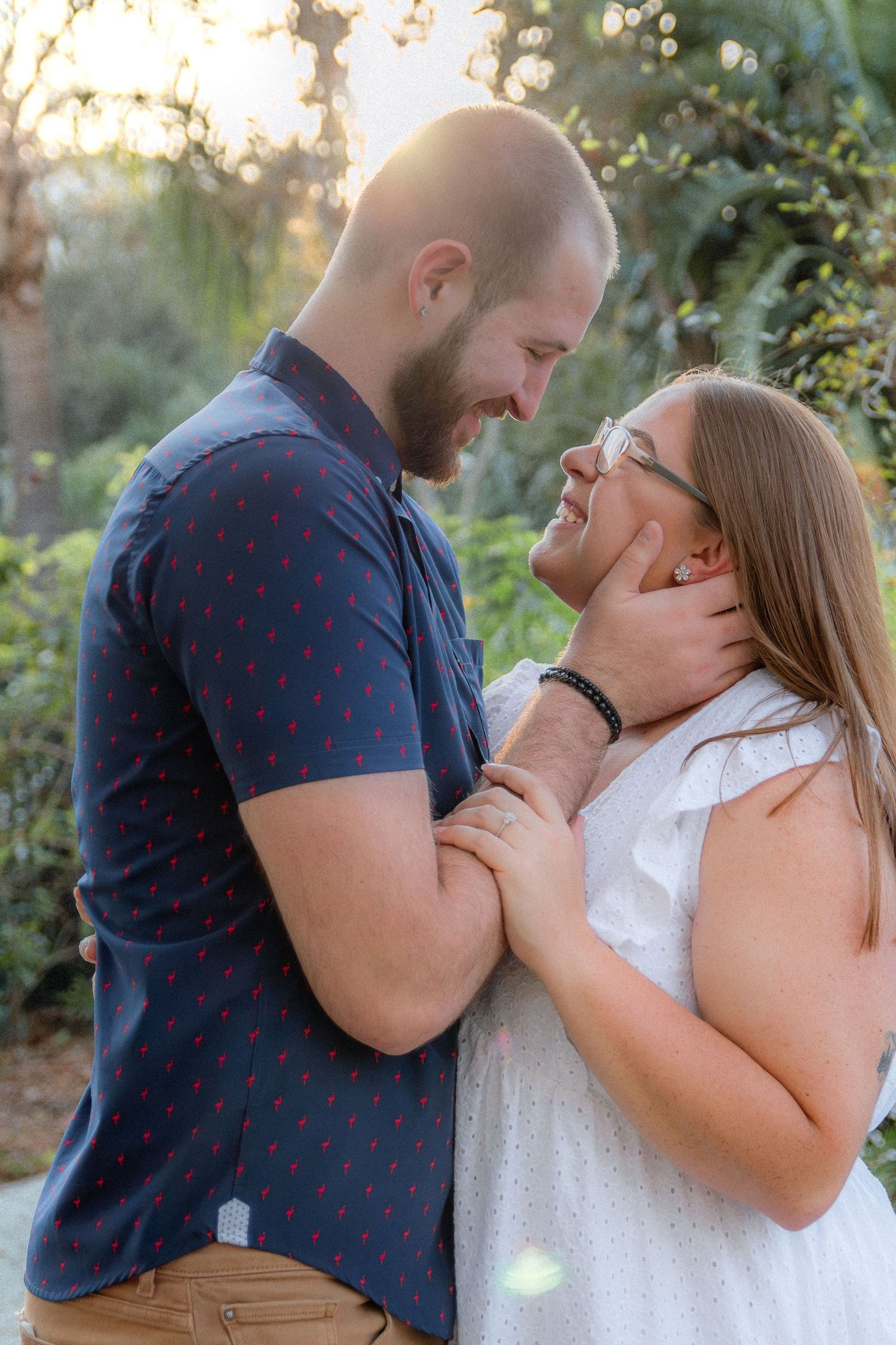 A series of intimate outdoor photos showing a couple in tender embraces during a sunset photoshoot.
