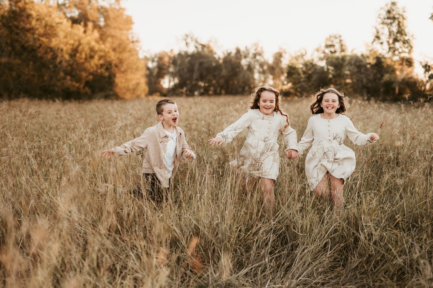 Family members play and laugh together in a golden sunlit field.