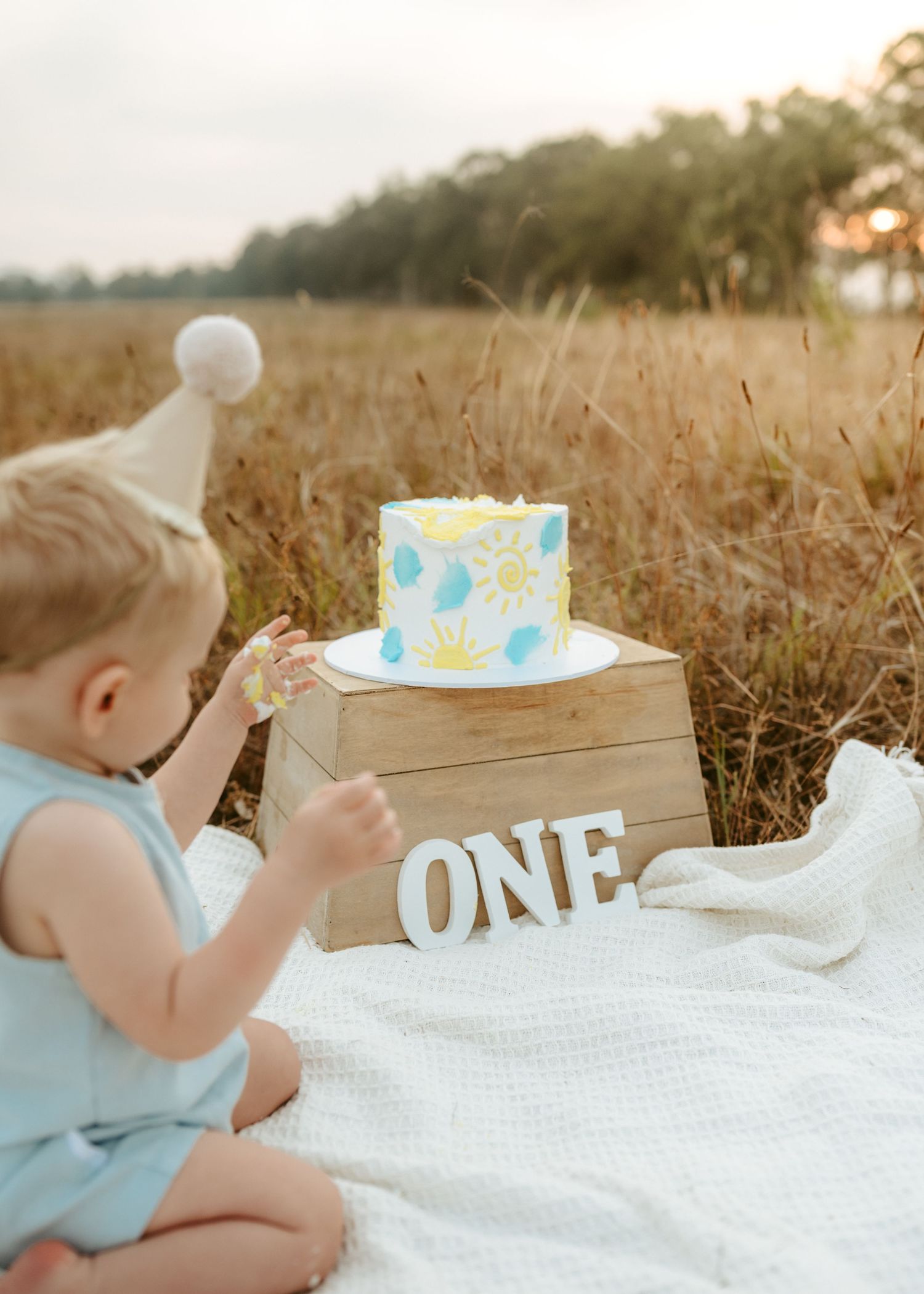 First birthday cake setup outdoors with decorative wooden box and blue accents.