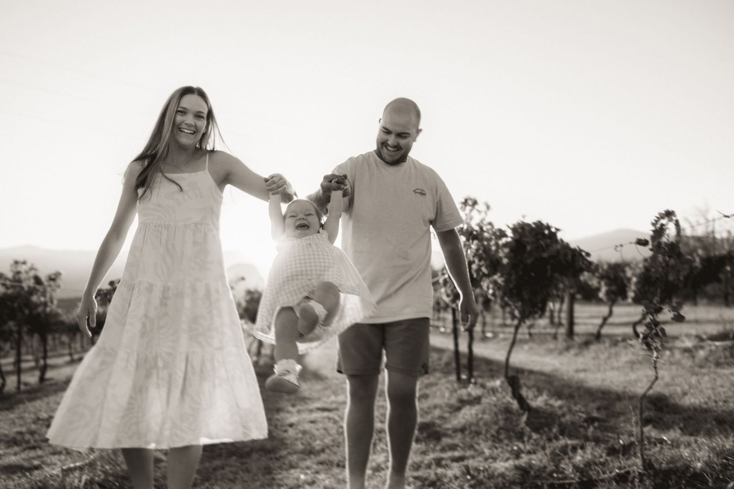 A family walks hand in hand through a scenic vineyard at sunset.