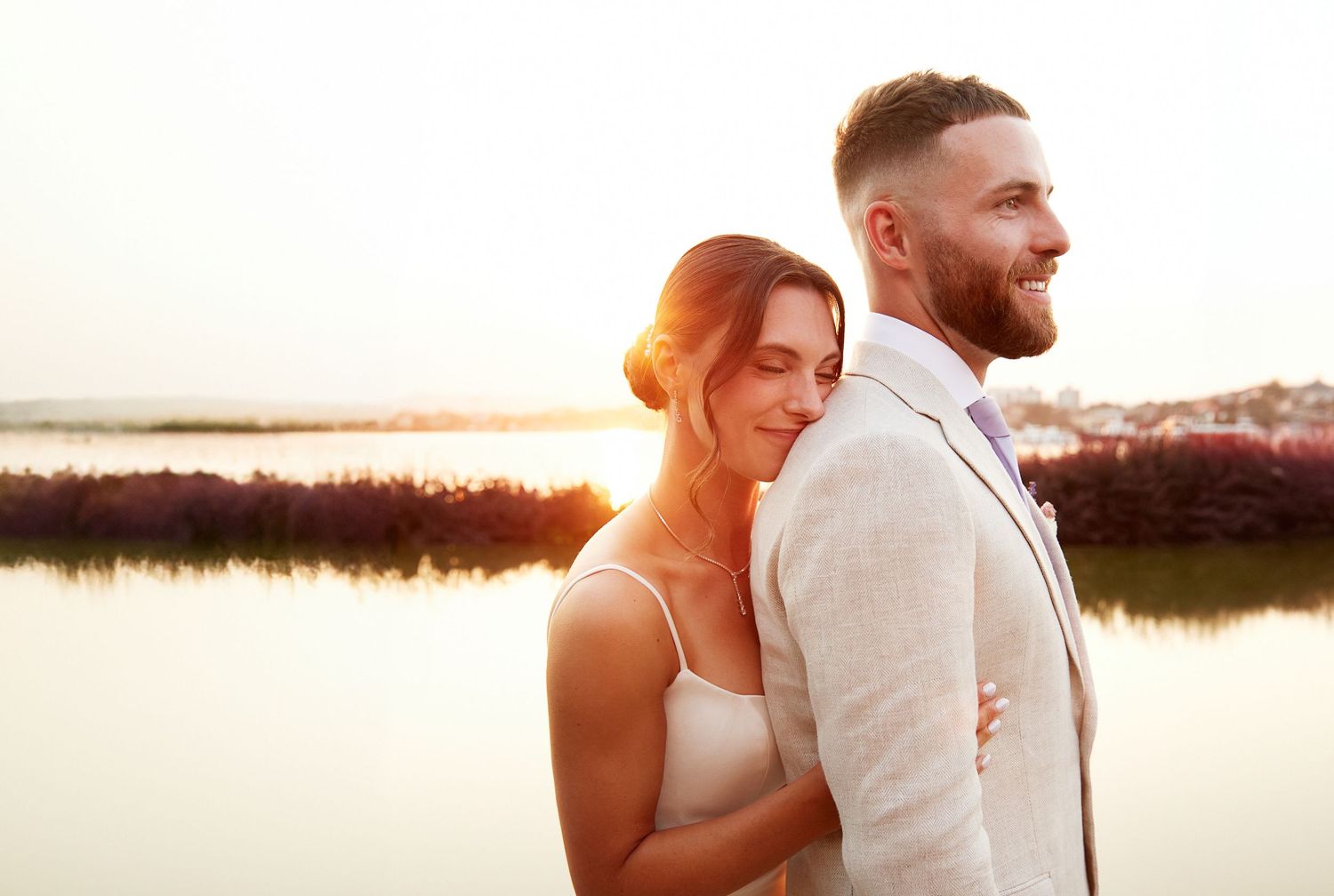 Portrait of bride and groom during golden hour.