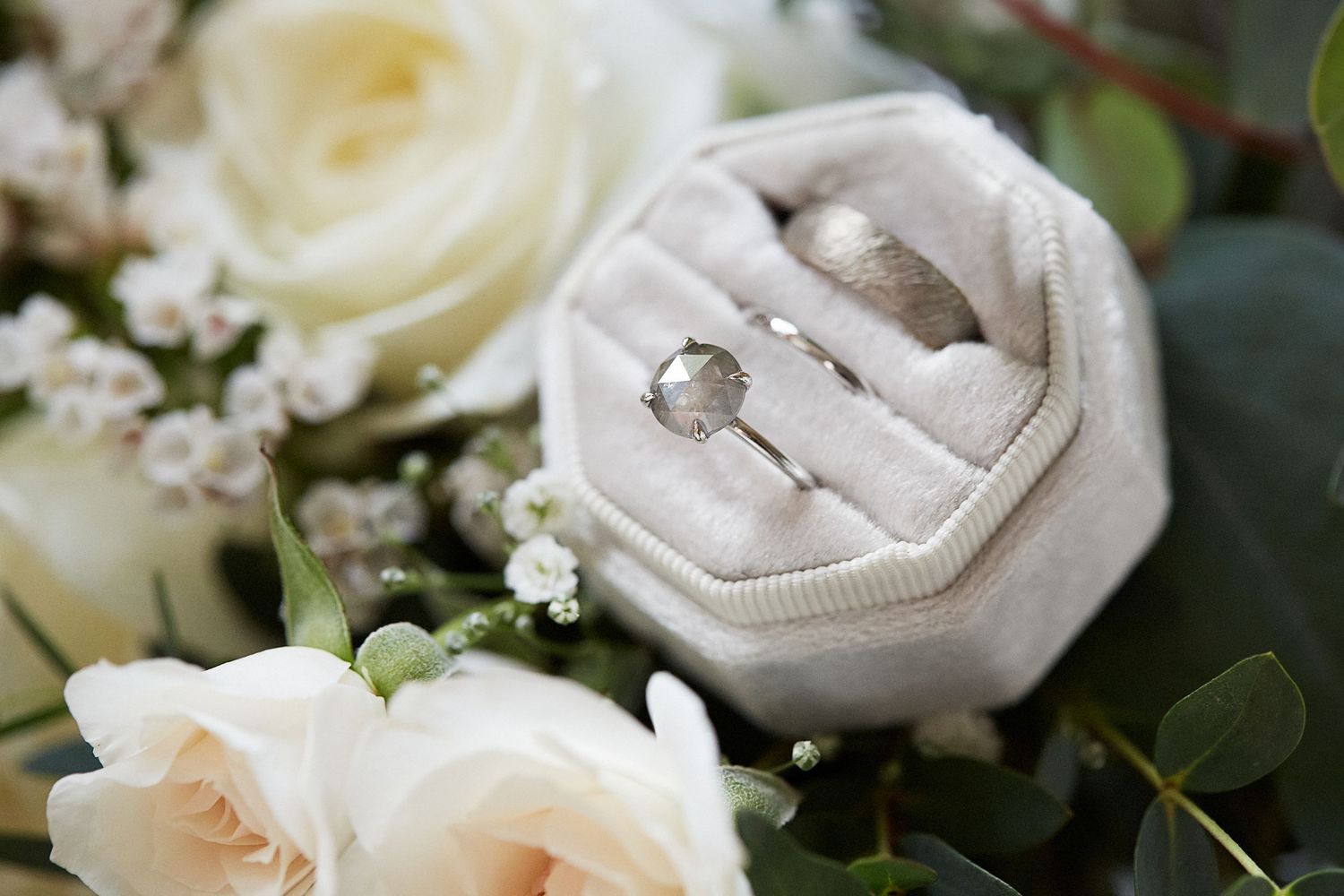 Close up of wedding bouquet and rings.