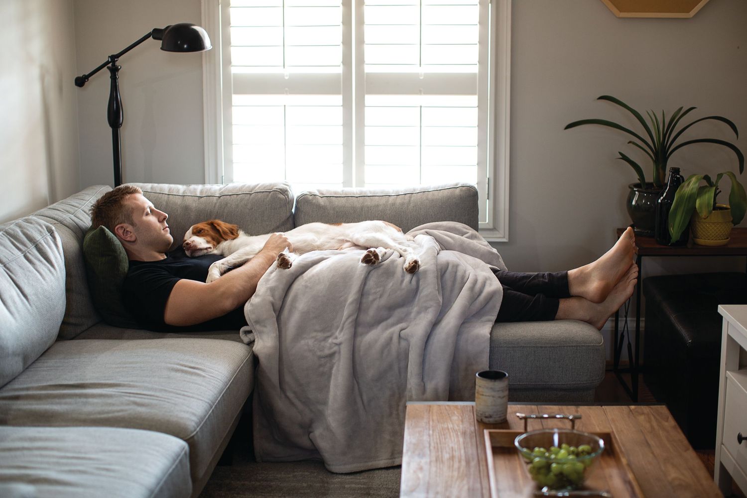 Man cuddling dog in living room.