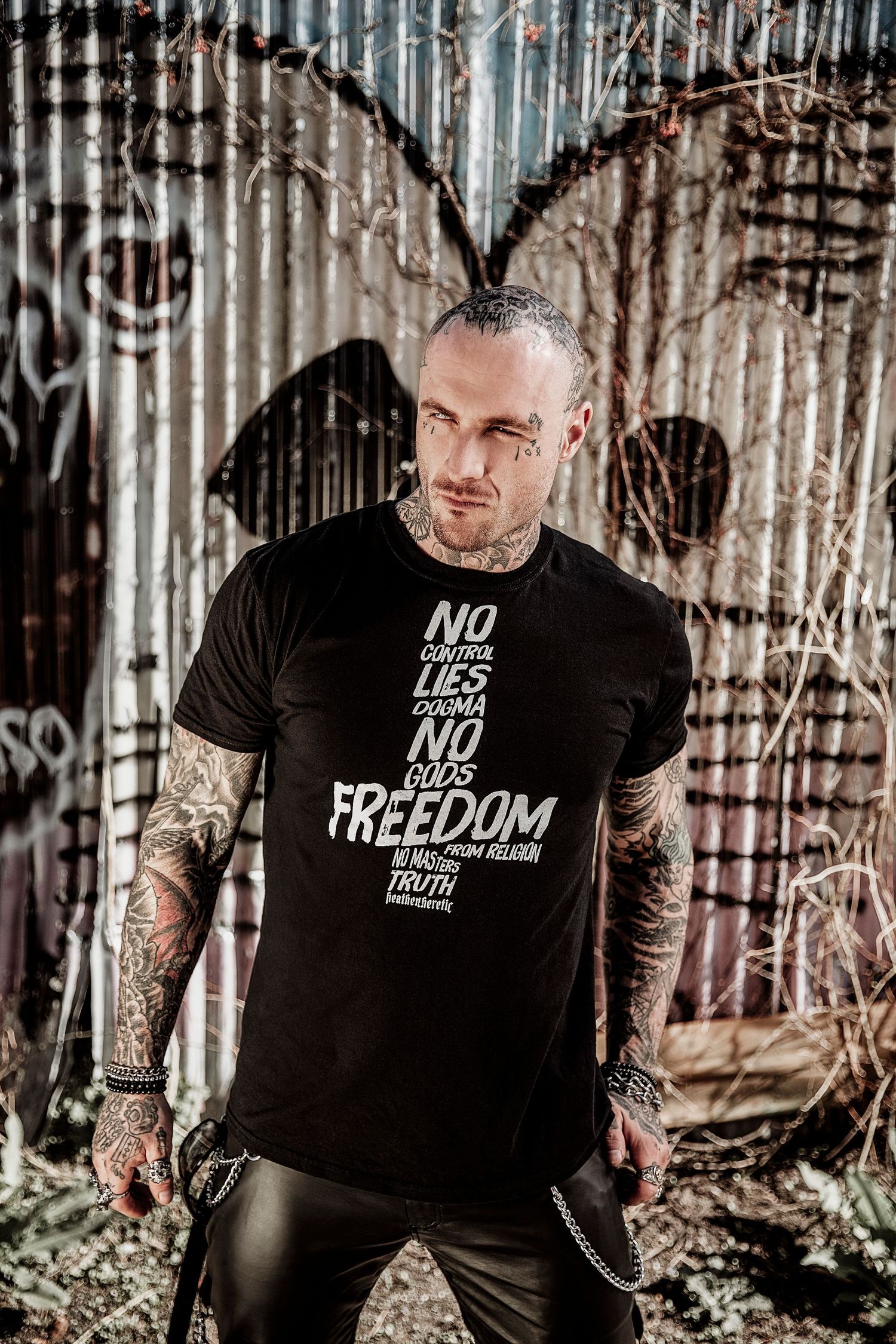 Branding and social media imagery for a clothing company called Heathen and Heretic.