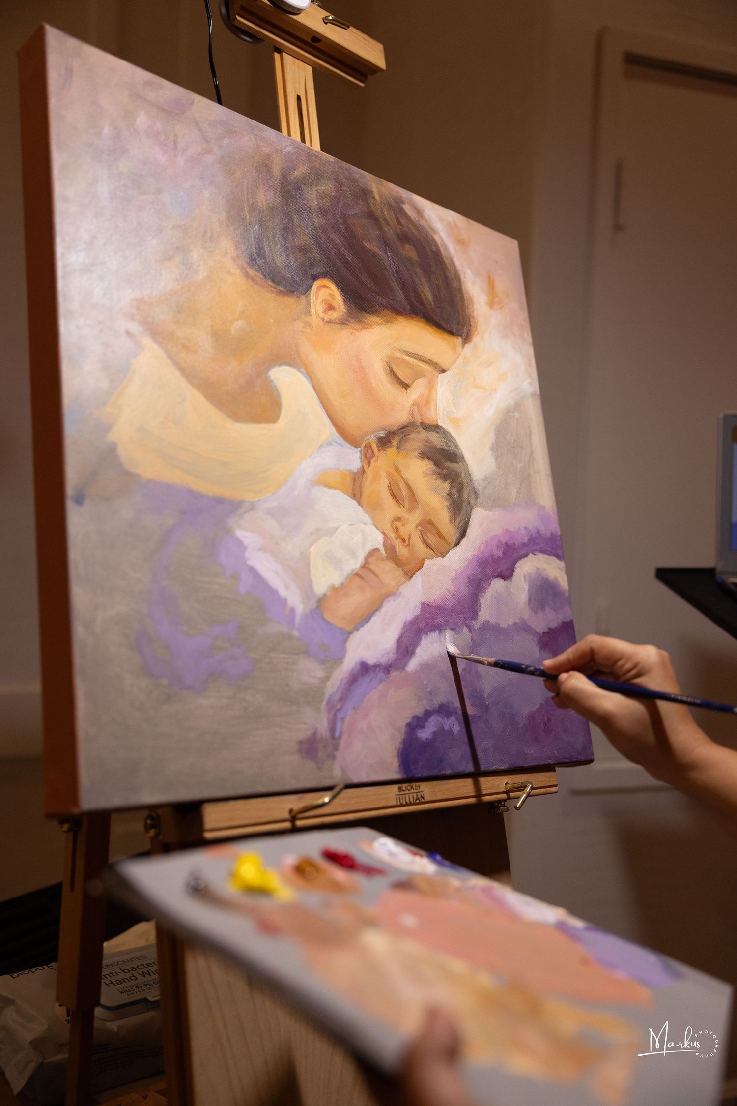 A series of progress photos showing the painting process of a tender portrait in purple and warm tones on canvas.