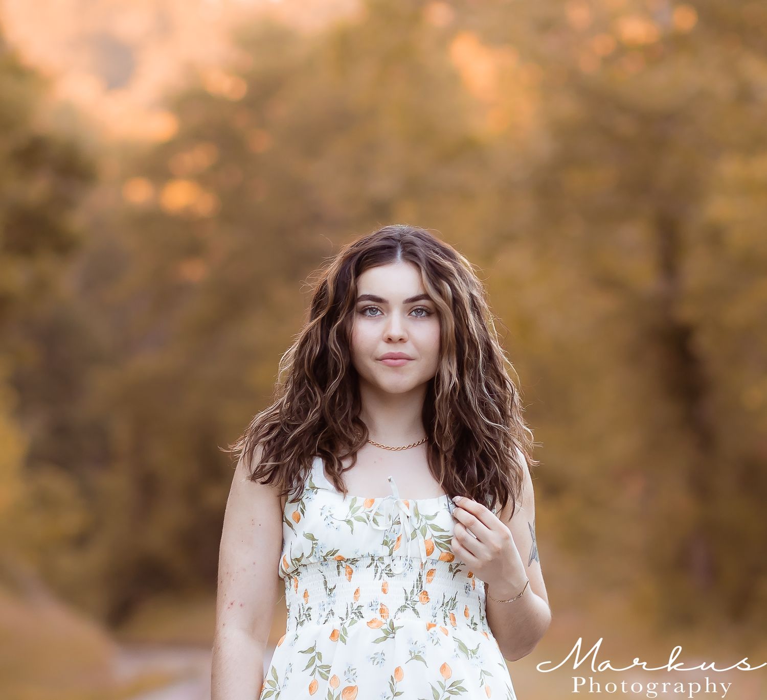 A series of outdoor portrait photographs showing someone in a white floral dress against a blurred natural background.