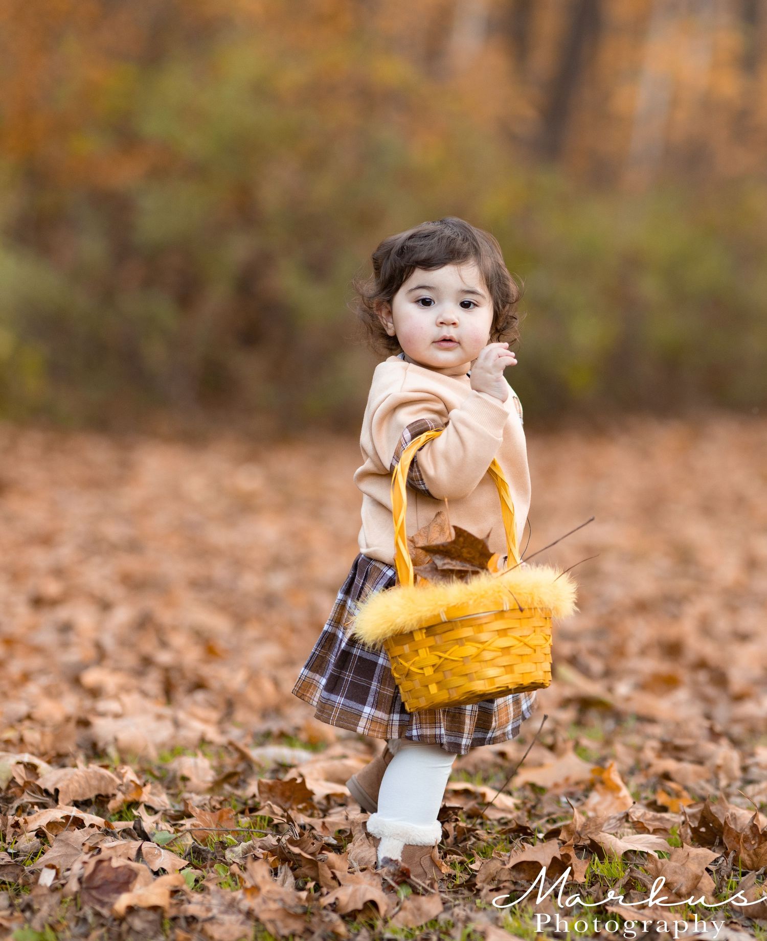A toddler in a plaid dress sits among scattered autumn leaves while playing with a yellow basket.