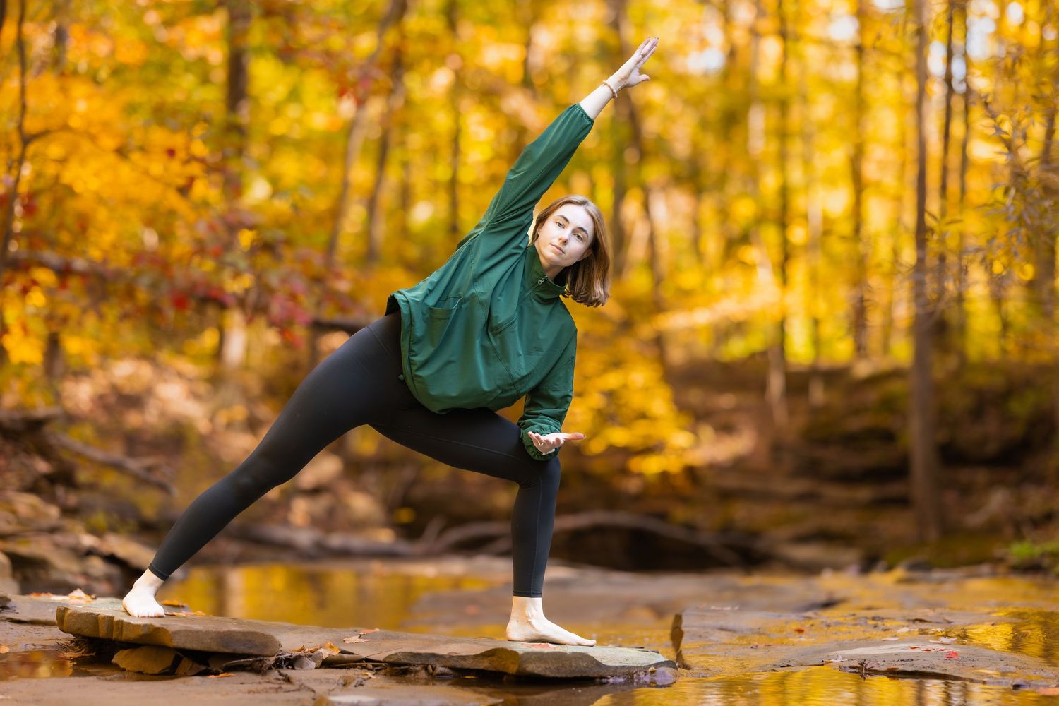 A series of artistic dance poses captured in a vibrant autumn forest setting with golden foliage.