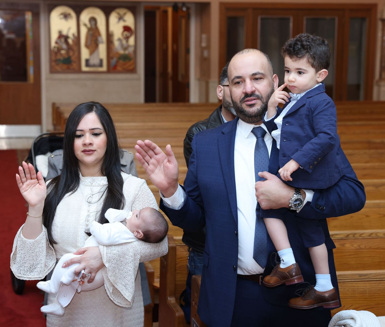 A series of photos showing joyful moments at a church baptism ceremony with people in white and formal attire.