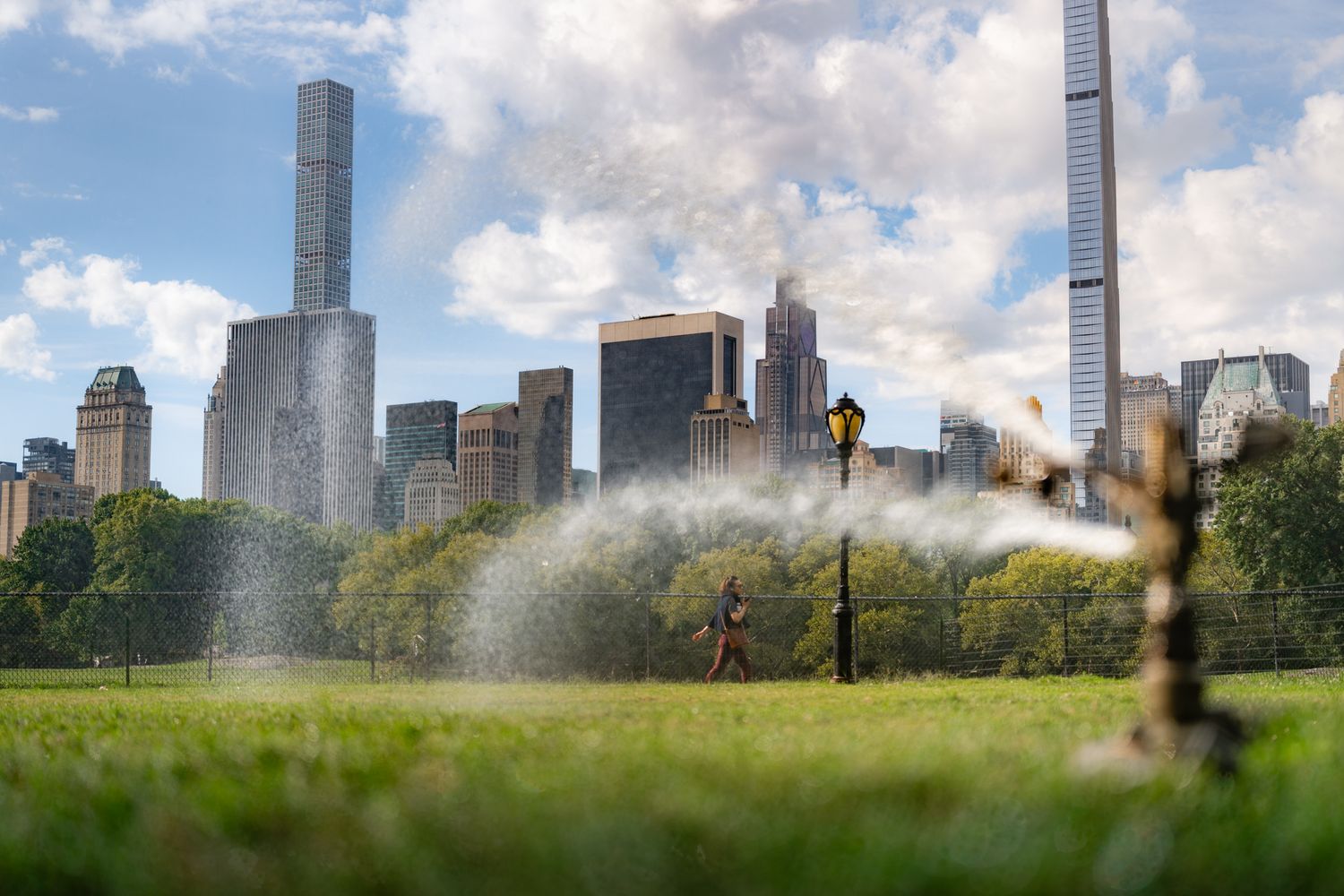 Water sprinklers spraying across a lawn in Central Park with the Manhattan skyline behind.