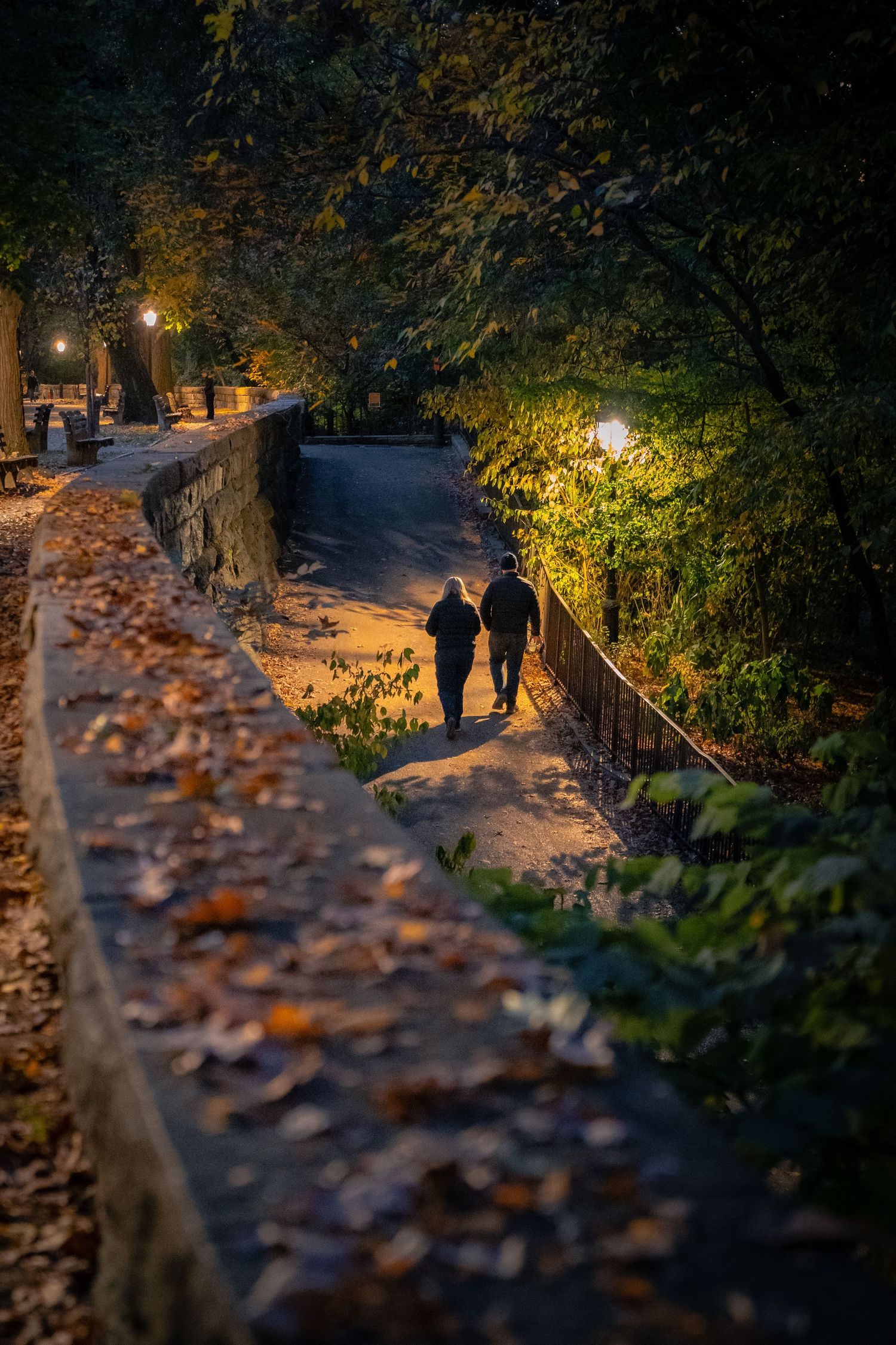 Couple walking together through fall foliage in Riverside Park on Manhattan’s Upper West Side.