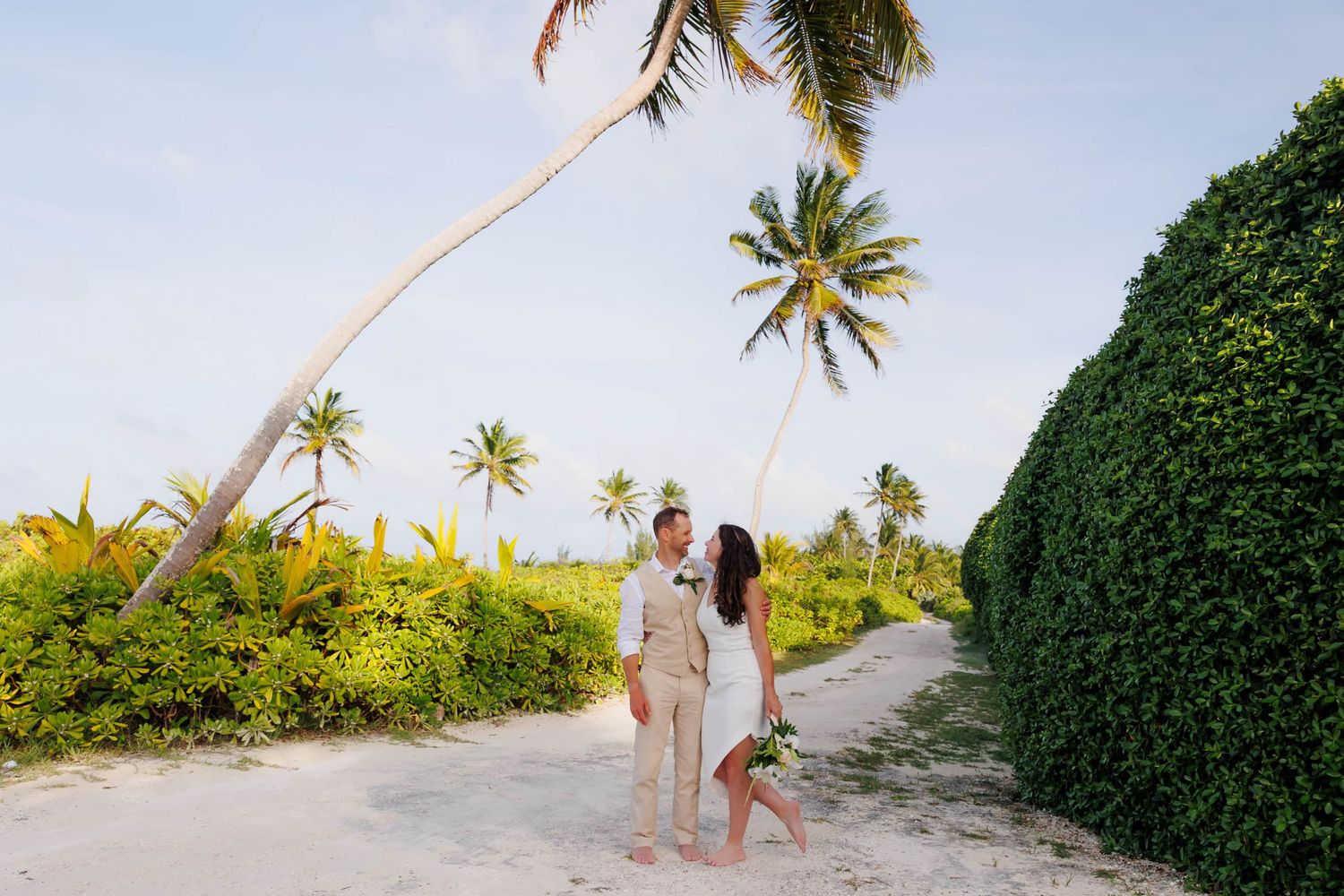 Couple in wedding attire standing on sandy tropical path surrounded by palm trees and lush greenery.