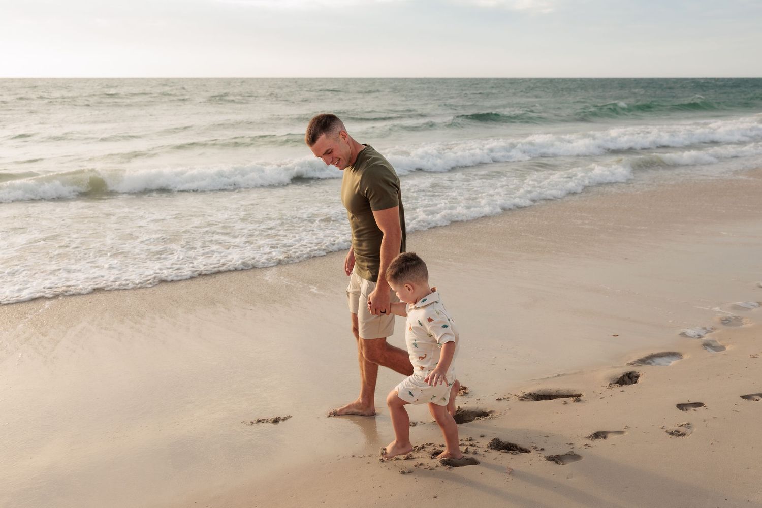 A series of photos showing people walking along a sandy beach with ocean waves in the background.