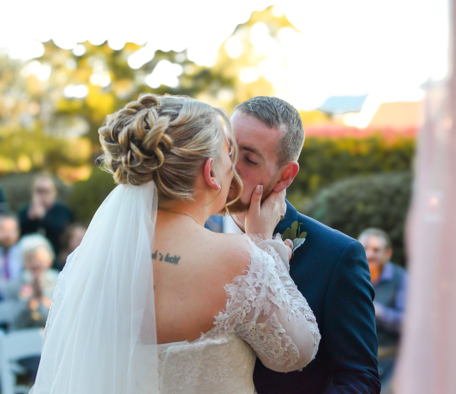 Bride and groom share tender moments in a series of romantic outdoor wedding photos at sunset.