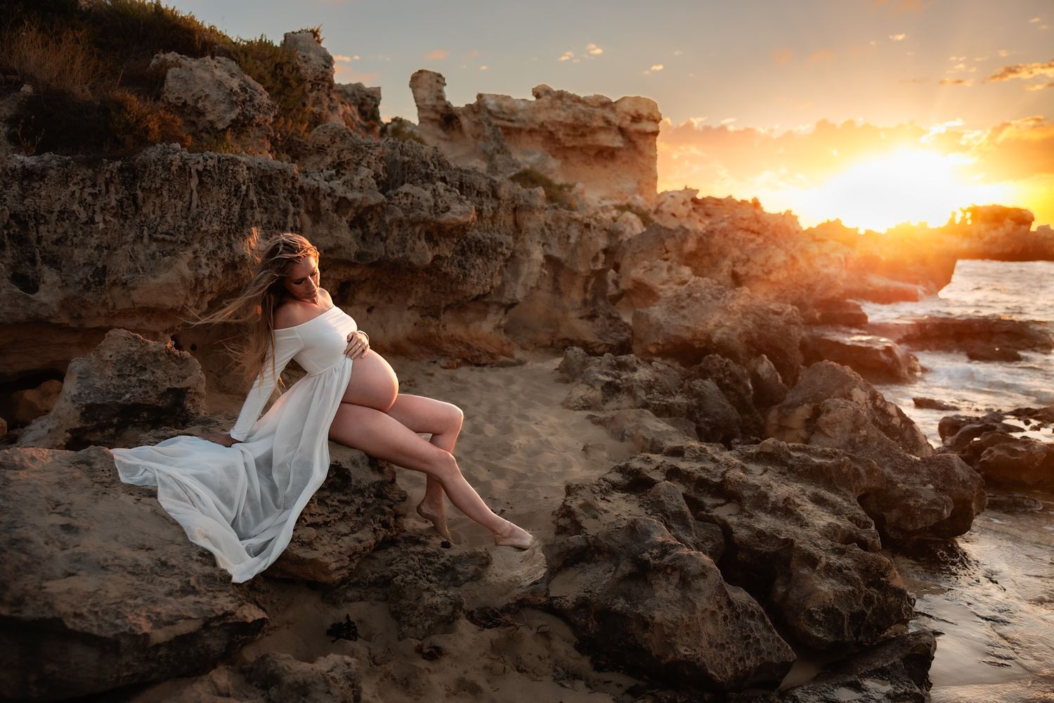 A collection of sunset photos on a rocky beach coastline showing silhouettes against the golden sky.