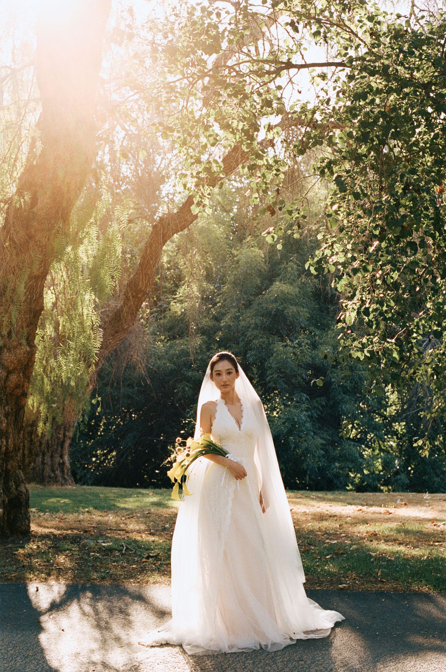 Elegant bride in white gown and veil holds a bouquet while standing on a sunlit path in a lush garden.