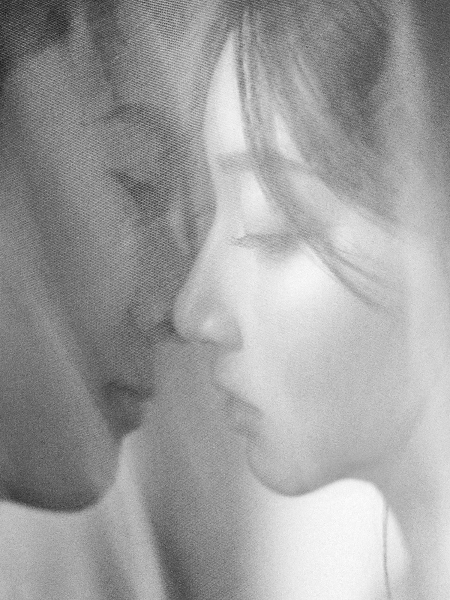 Intimate black and white portrait of bride and groom nearly kissing through a sheer veil.