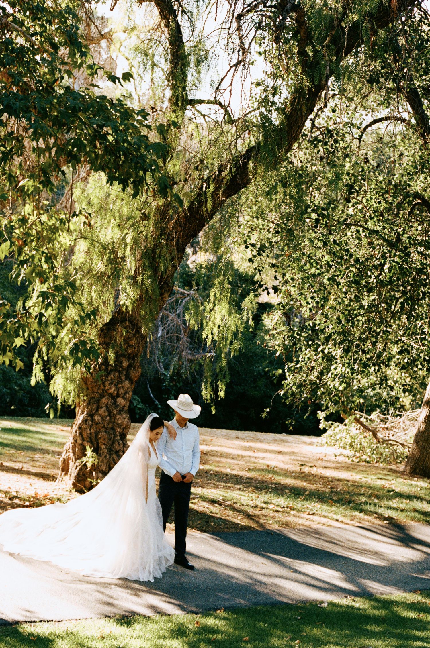 Bride in flowing white gown and groom in cowboy hat walk along a sunlit garden path beneath lush green trees.