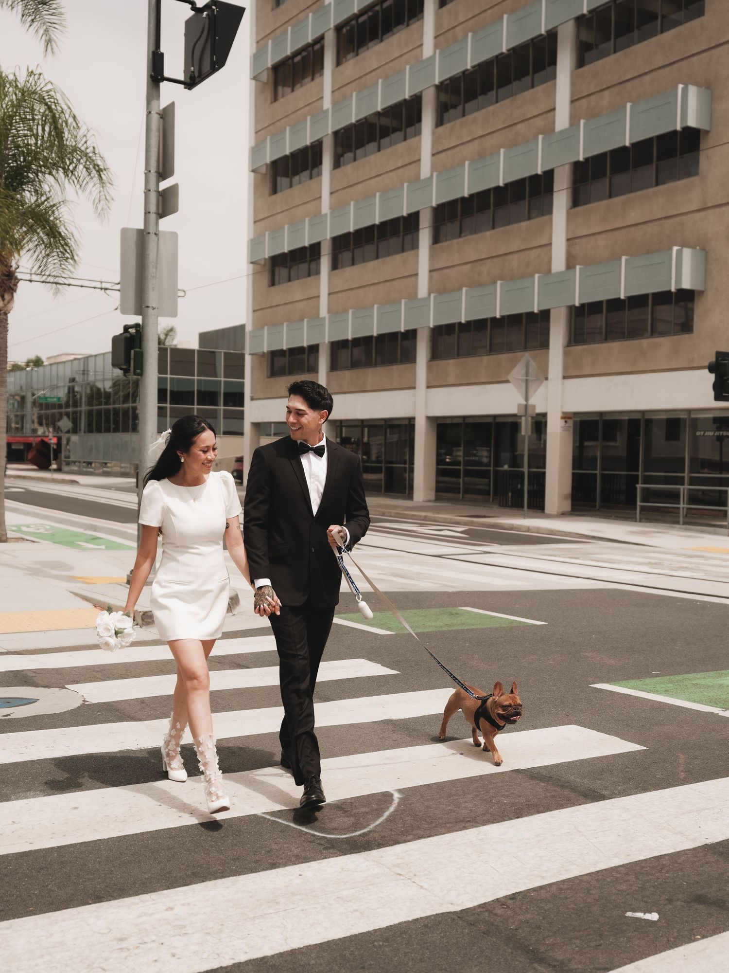 Newlyweds in wedding attire walk small dog across urban crosswalk on their wedding day.
