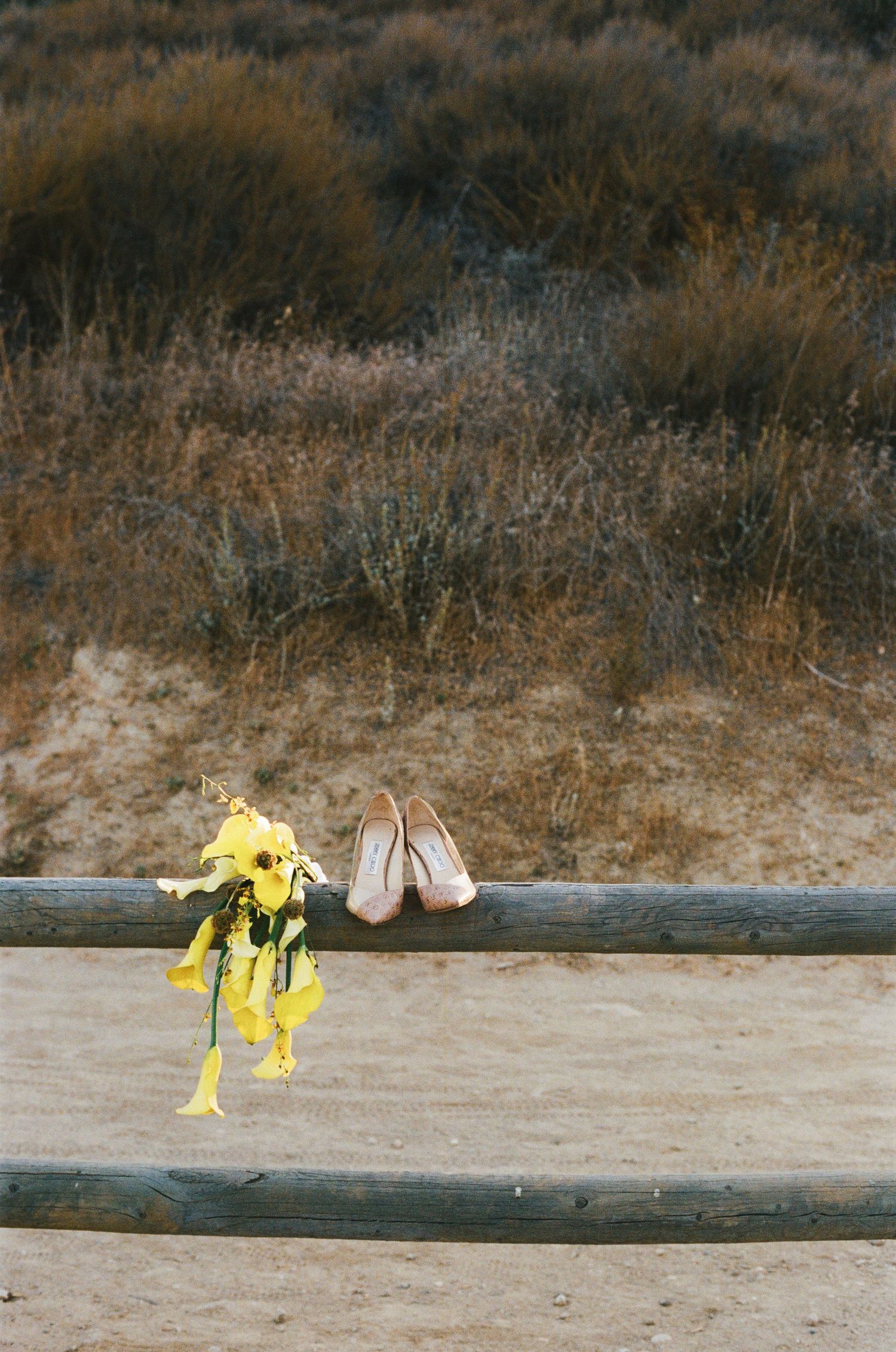 Bridal heels and yellow flower bouquet rest on a rustic wooden fence rail against a dry desert landscape backdrop.