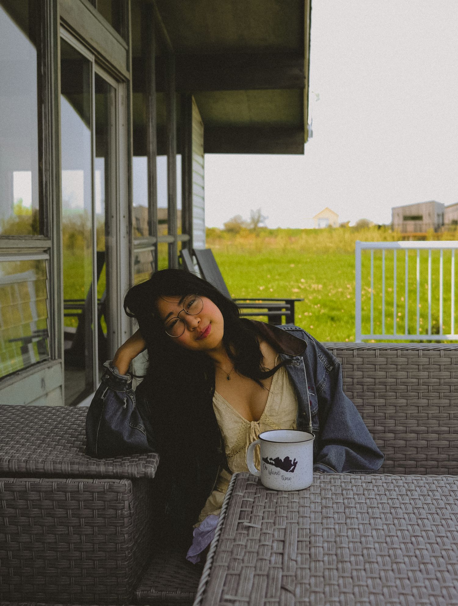 Sitting outside cottage with coffee