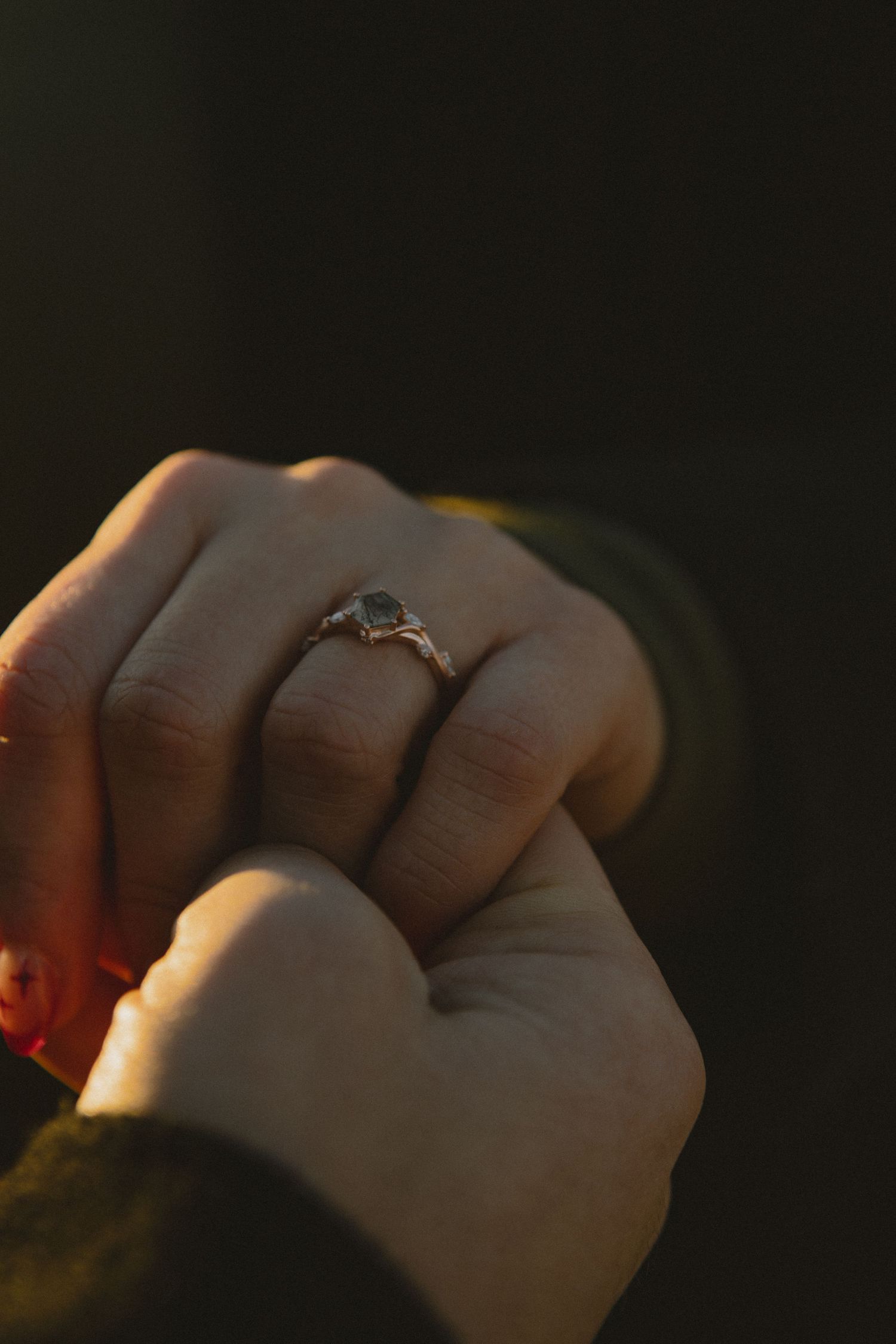 Post proposal photo of engagement ring close up