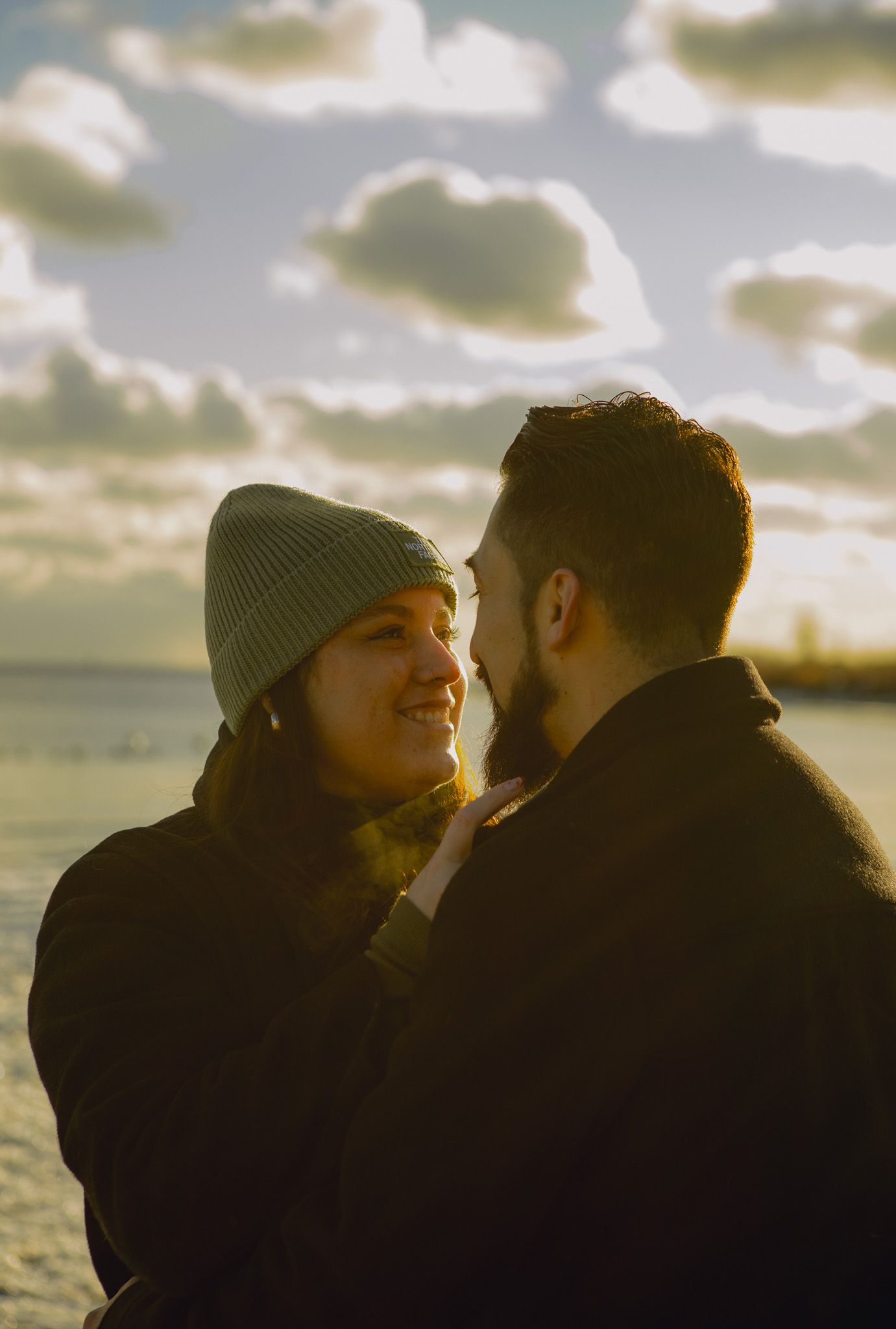 Emotional proposal cinematic photo during sunset