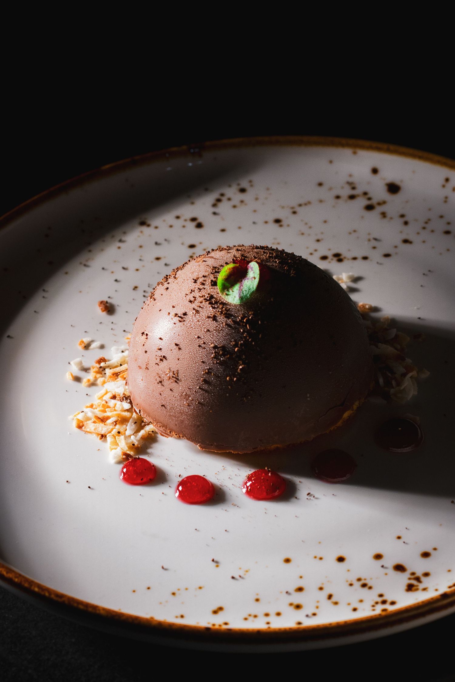 Food photography for tasting menu, clean style, dessert dish