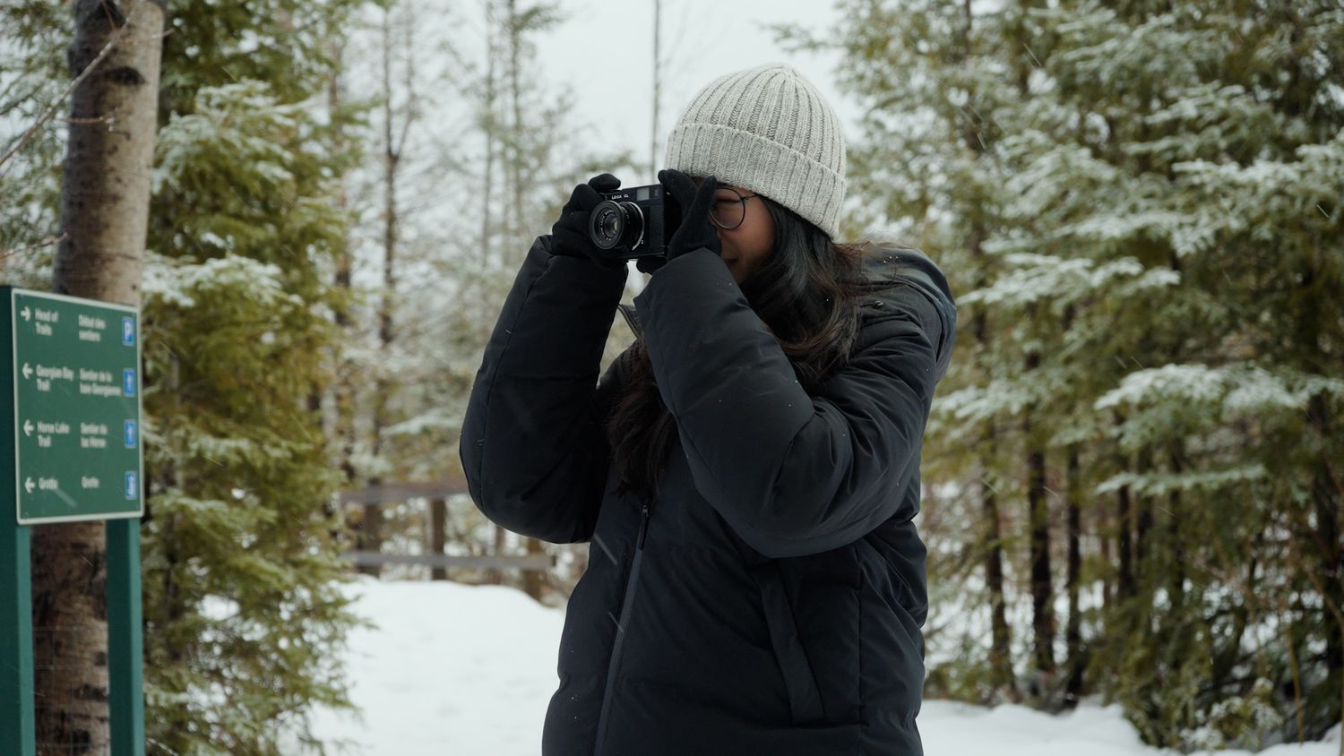 Film camera in the woods in ontario winter