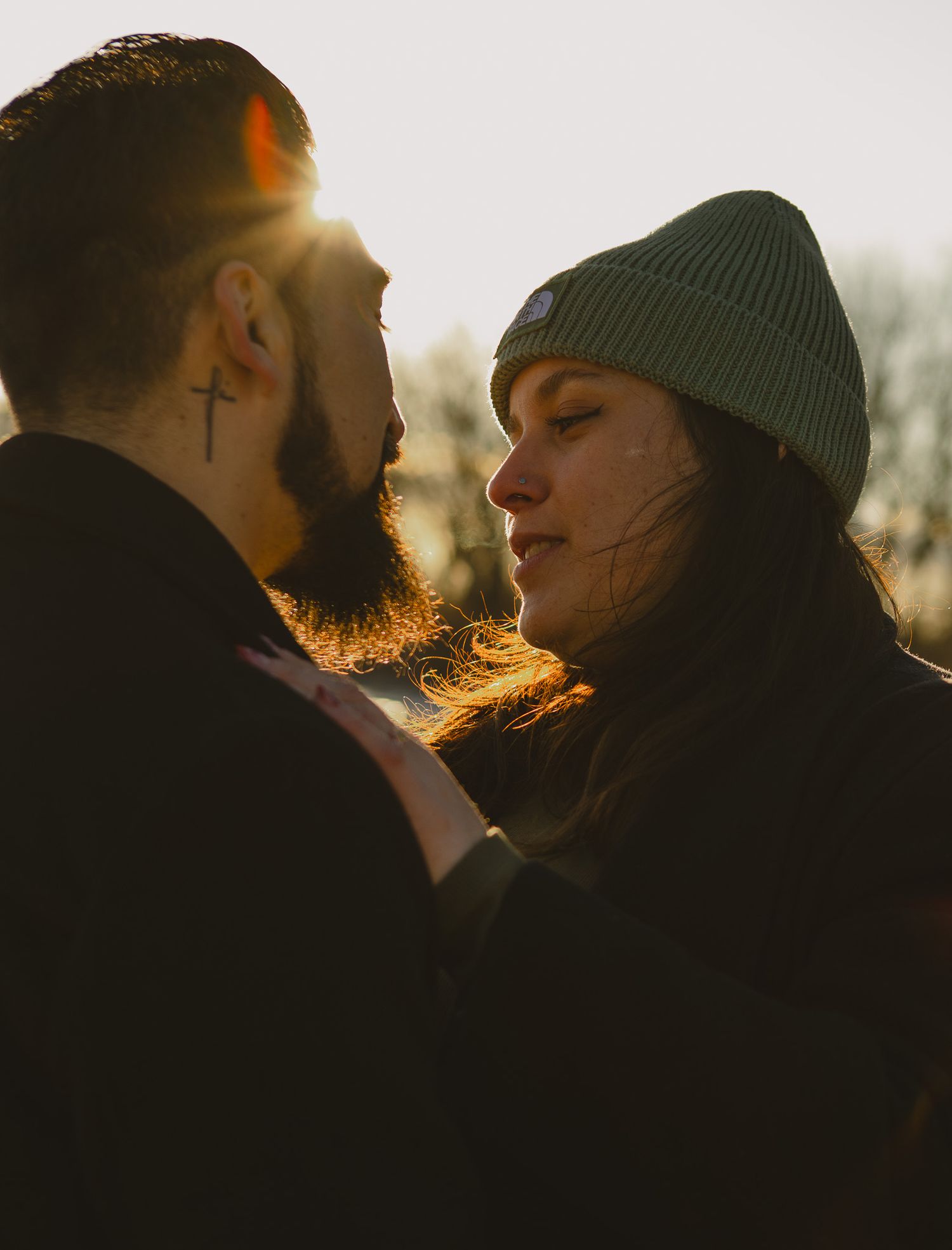 Cinematic documentary-style couples photography taken outdoors in Ontario, candid and emotional interaction