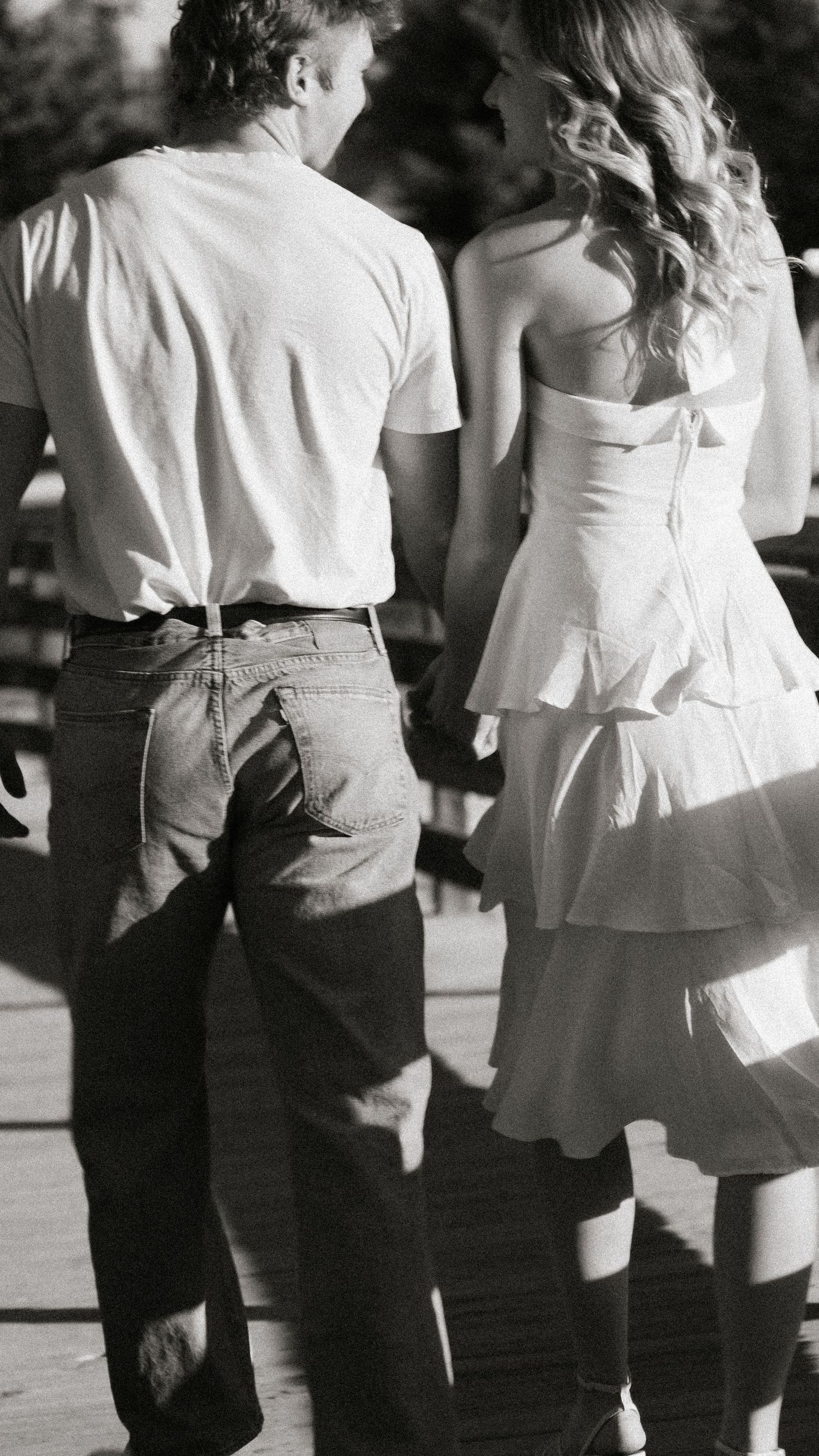 Black and White Engagement Portrait Walking in Evergreen, Colorado