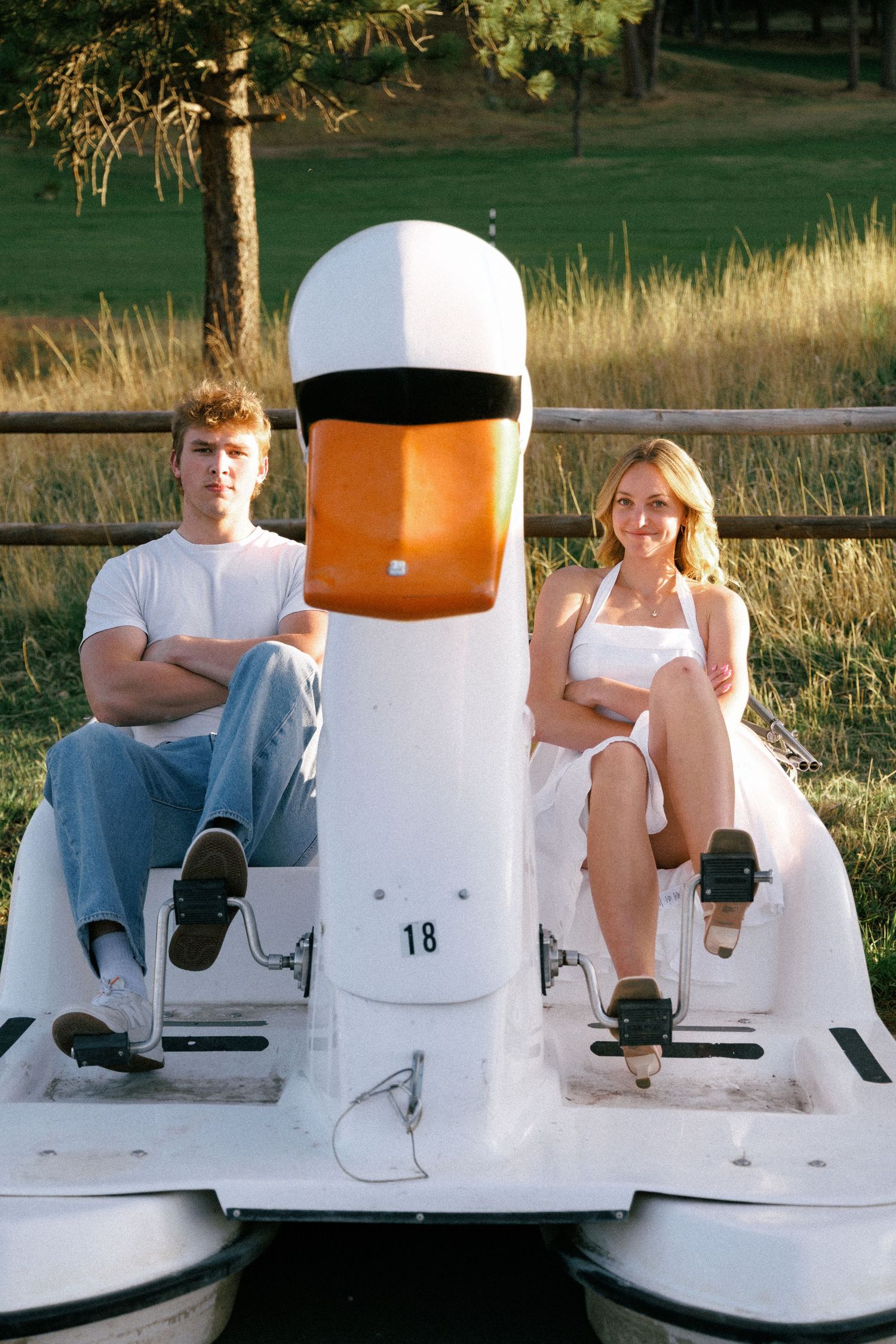 Playful Swan Paddle Boat Engagement Photo in Evergreen, Colorado