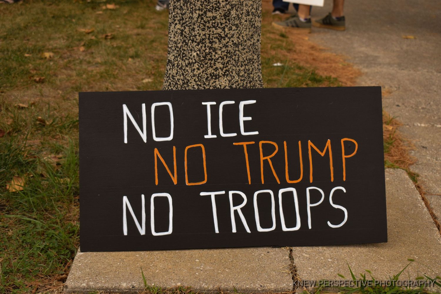 A black protest sign with text reading 'NO ICE NO TRUMP NO TROOPS'