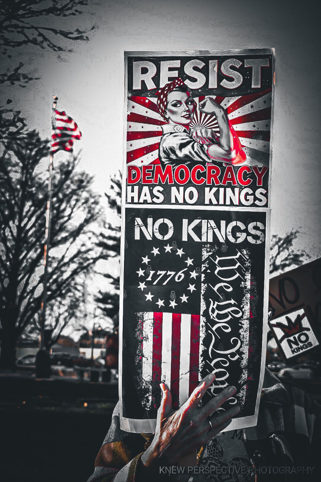 A protest sign with red and black design featuring American flag imagery and text reading 'Resist' and 'Democracy Has No Kings'.