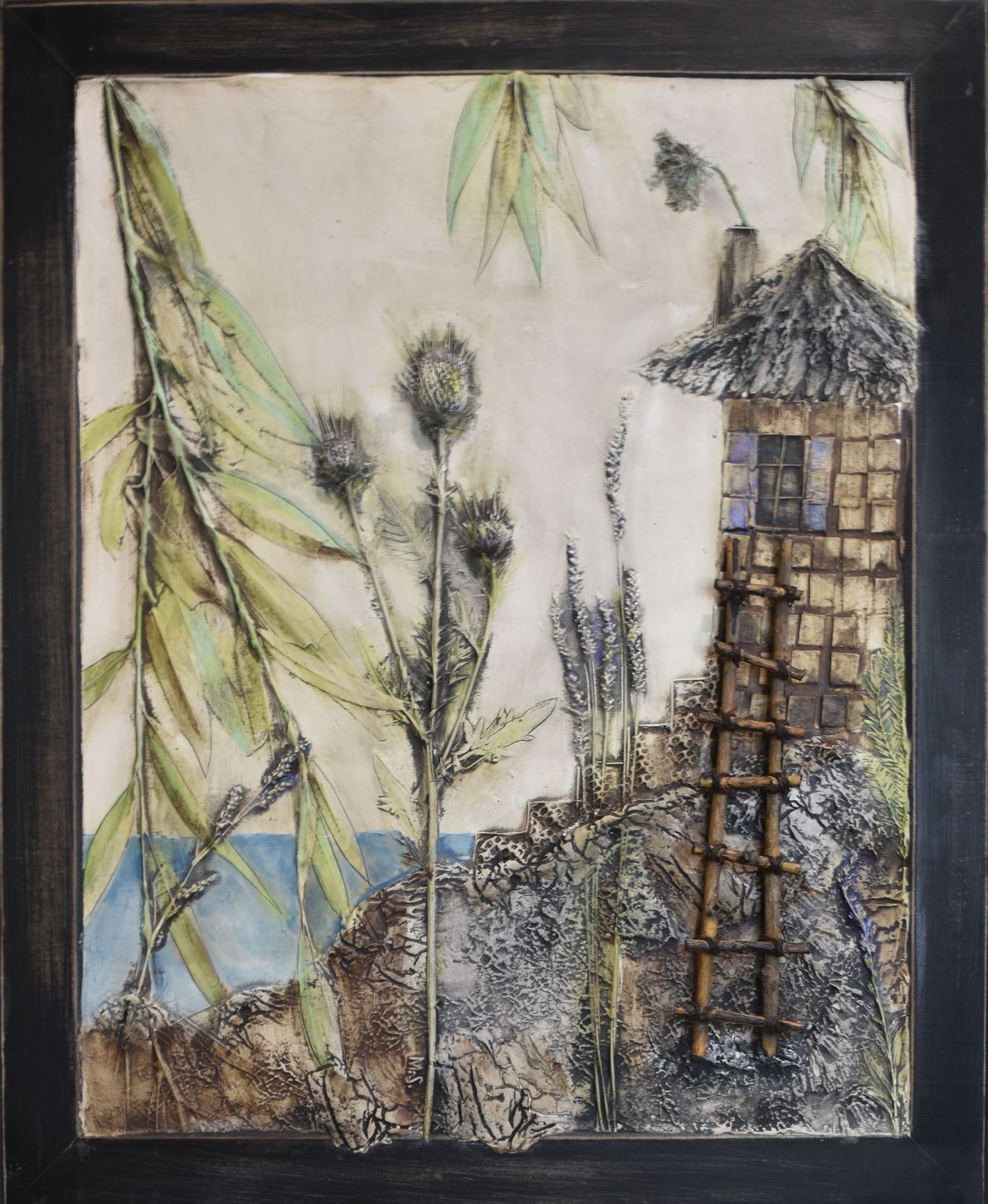 Mixed media artwork depicting a rustic tower house with thatched roof among bamboo leaves and wildflowers in muted colors.