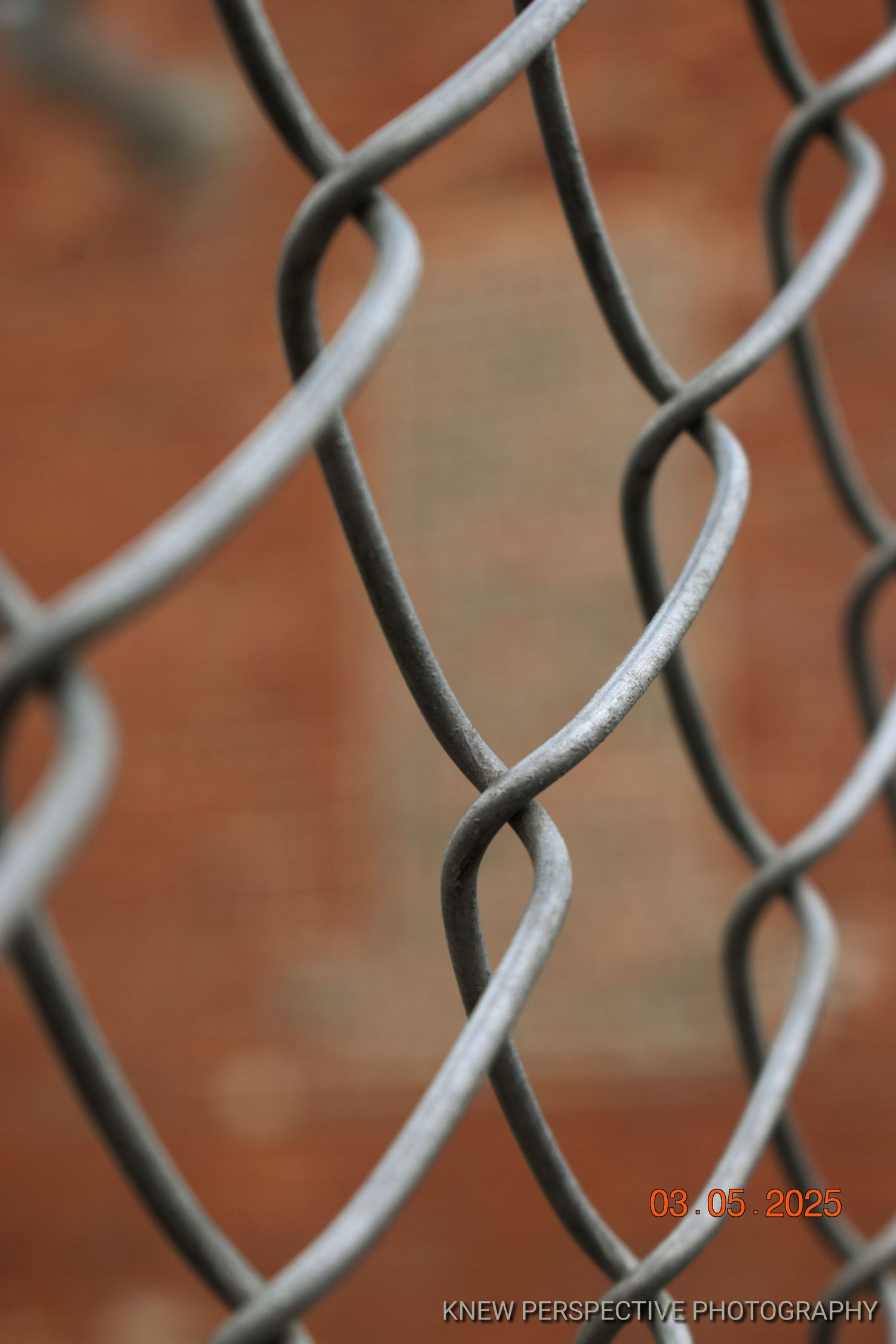 Close-up macro photograph of a chain link fence pattern showing diagonal metal wires against a blurred brick background.