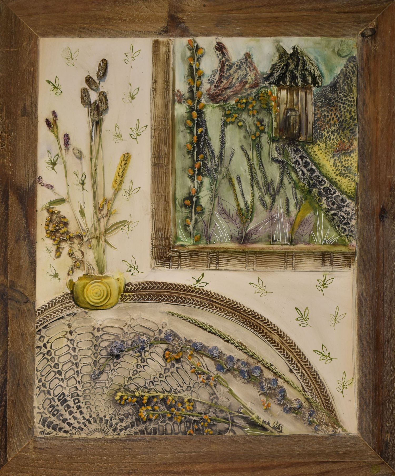 A series of vintage botanical illustrations showing plants in muted earth tones arranged in decorative panels.
