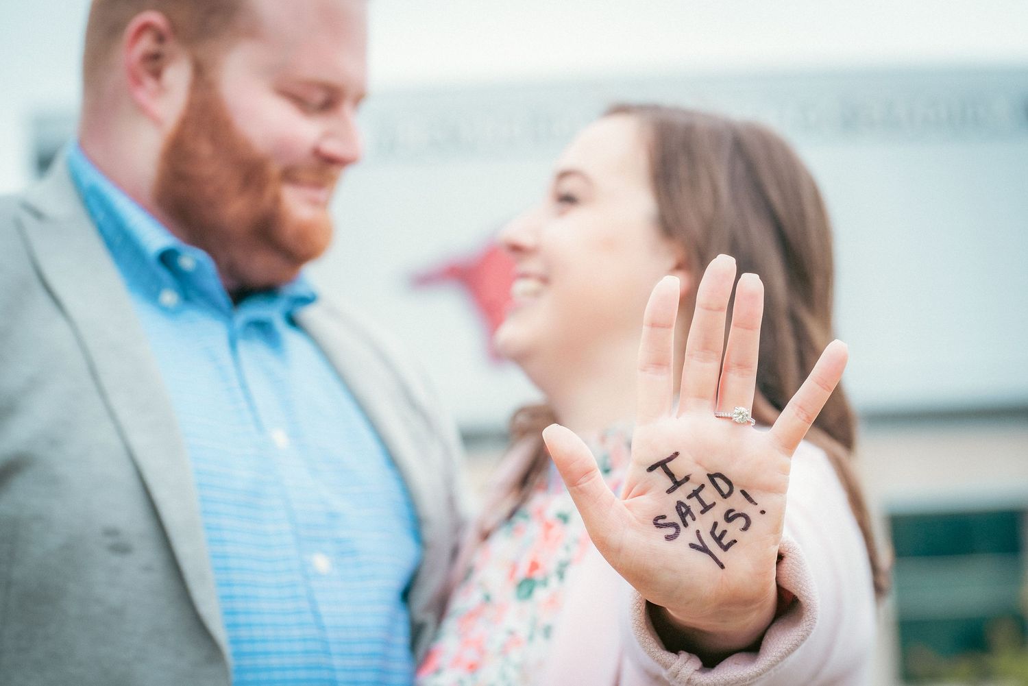 Engagement photo series showing couple displaying ring and celebrating.