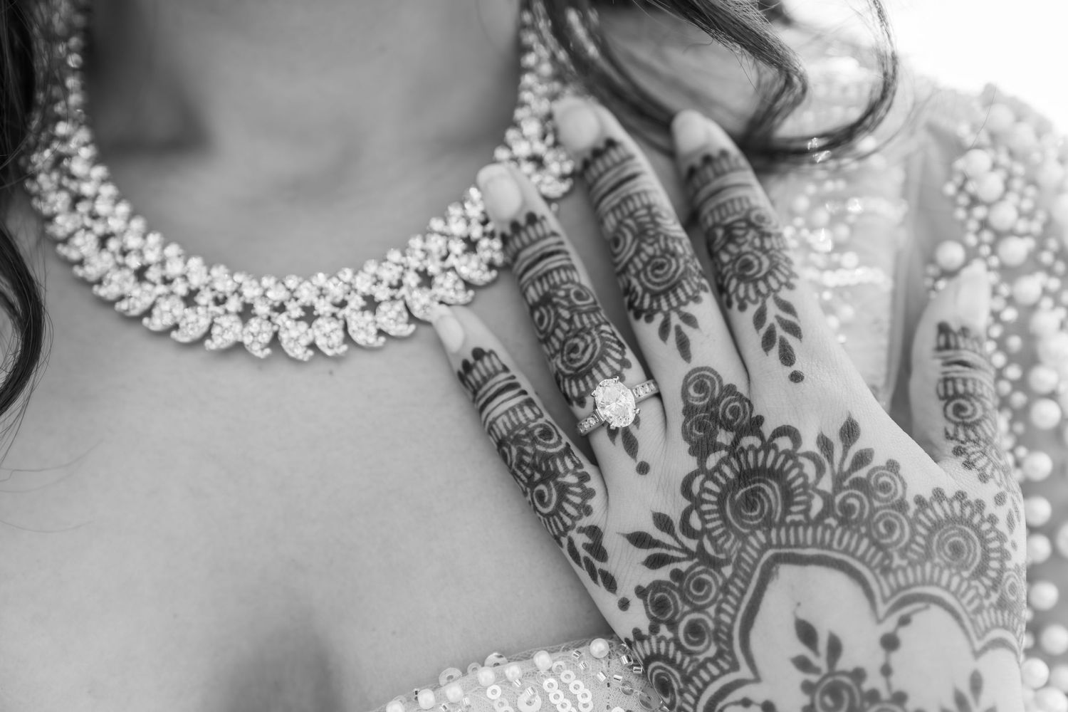 Close-up of intricate henna design on hands with diamond necklace and beaded dress.
