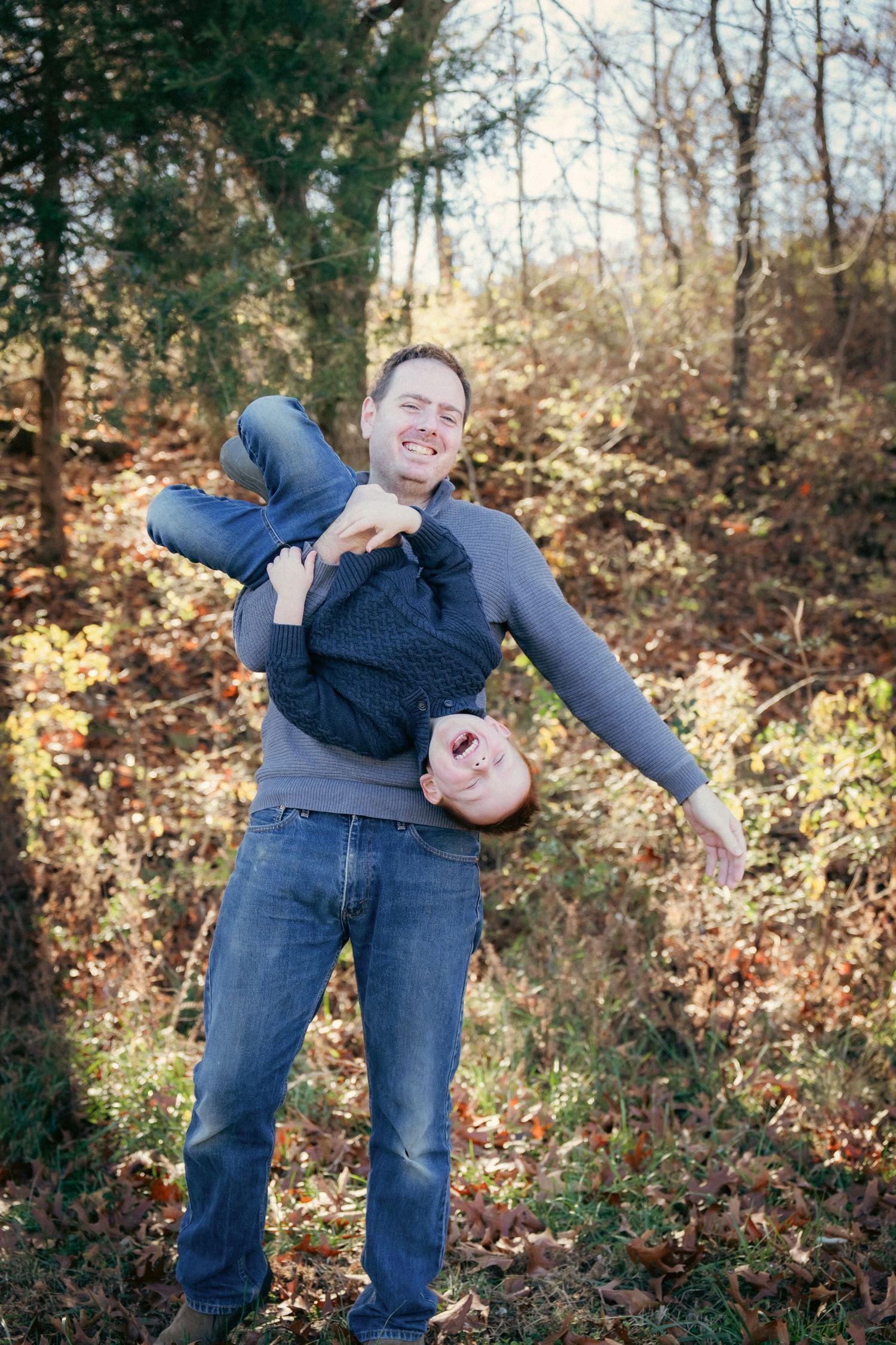 Playful outdoor photo sequence showing fun poses against autumn foliage.