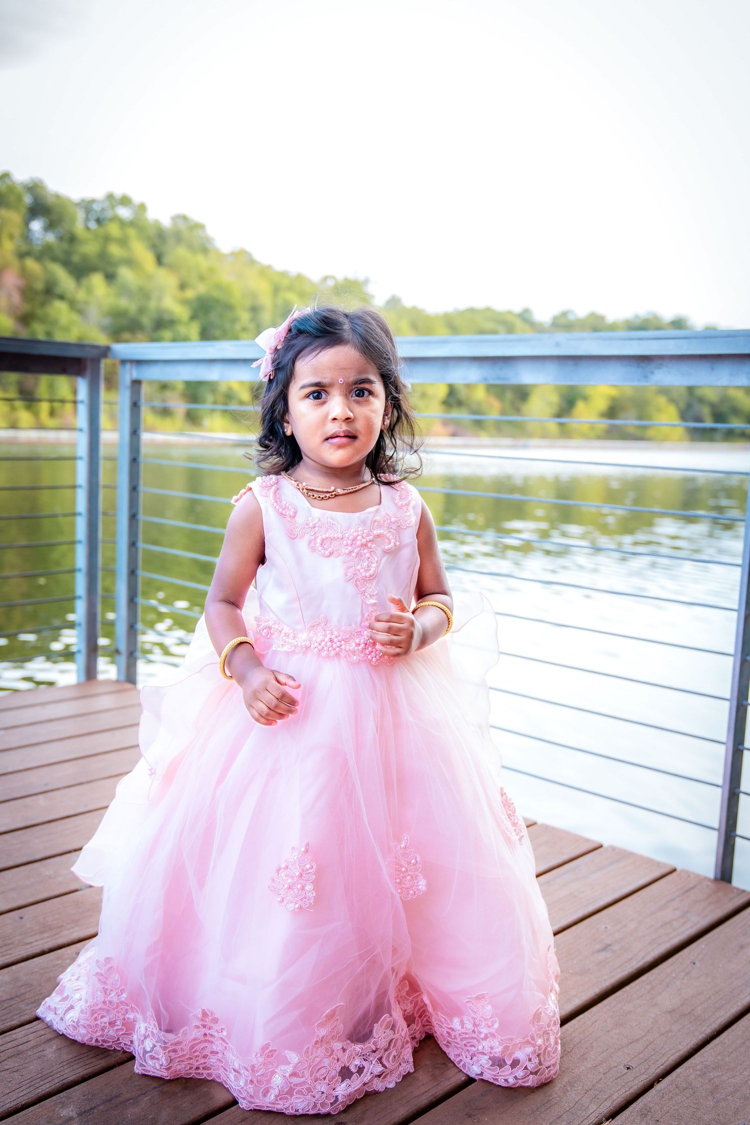 Young child in pink lace dress poses on wooden deck by lake.