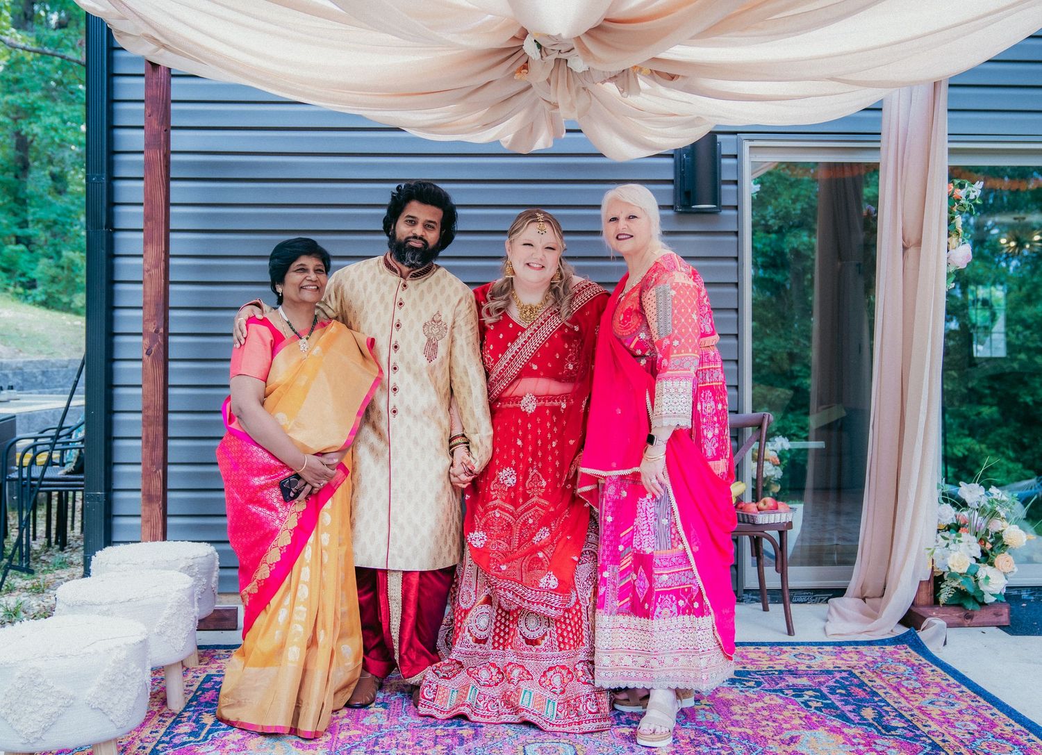 A series of wedding photos showing traditional Indian ceremony moments under an elegant outdoor canopy.