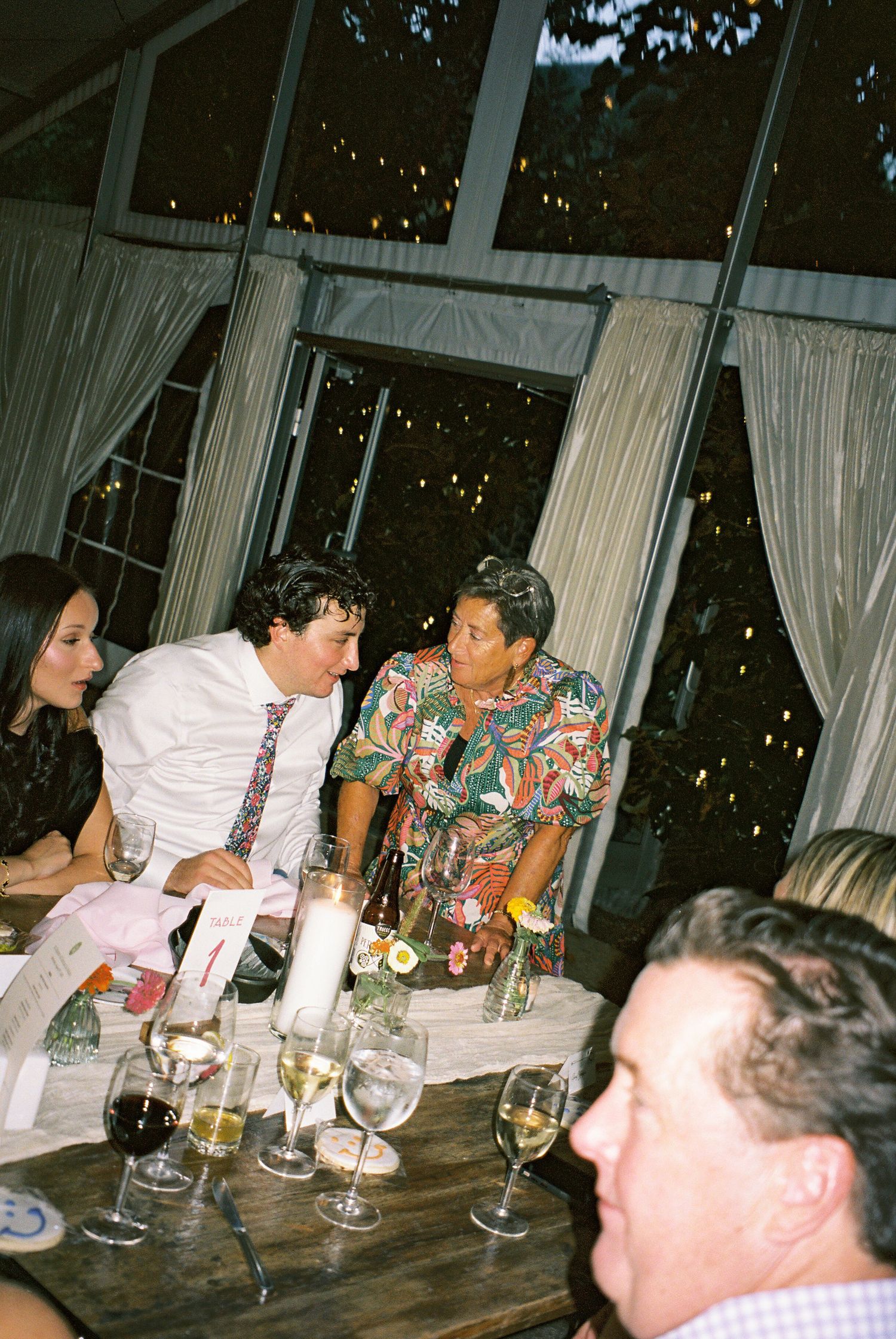 Wedding reception guests enjoying dinner and conversation at a decorated table.