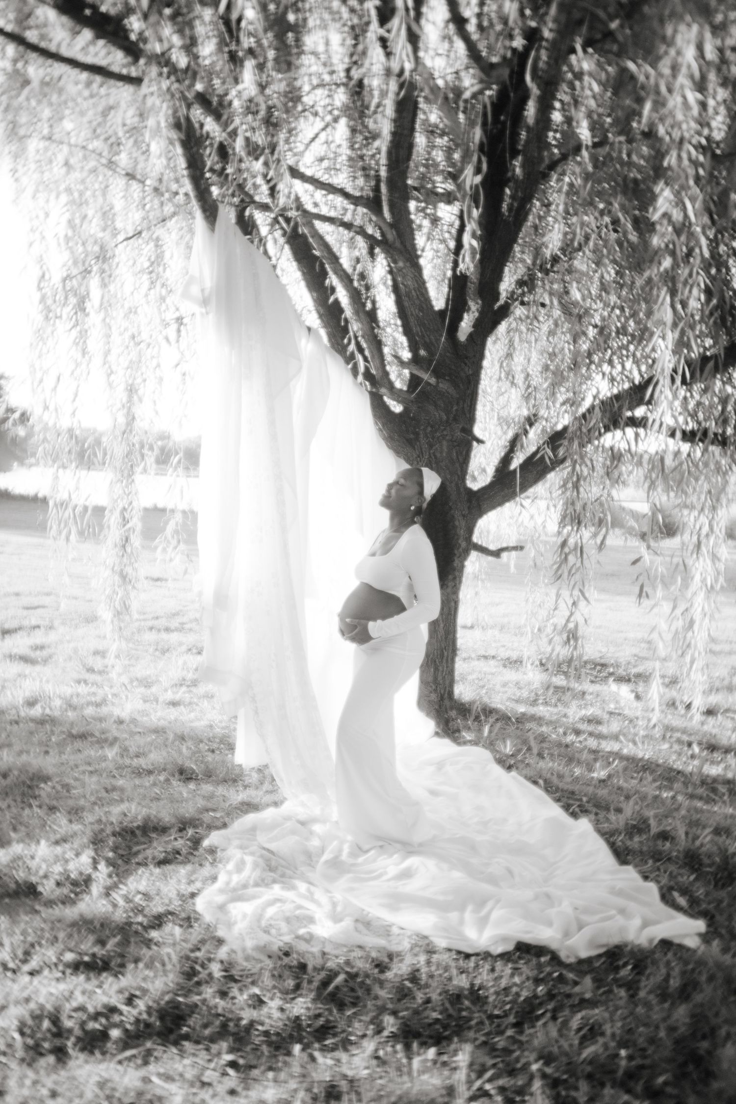 Pregnant woman in white gown poses under willow tree in elegant black and white maternity photo.