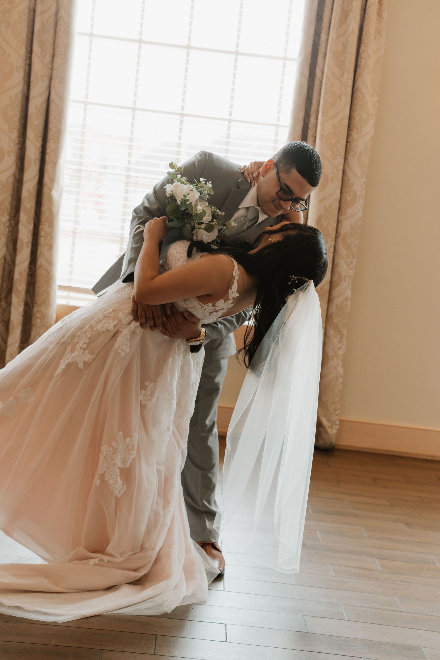 A series of romantic dance dip poses captured in an elegant indoor setting with natural light.